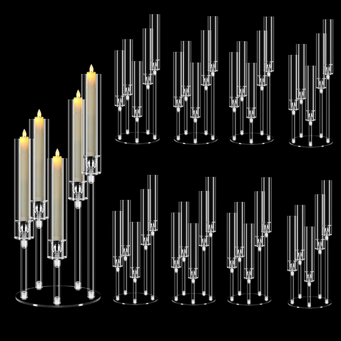 5 Arm Acrylic Candelabra Centerpieces for Tables,8 Sets Clear Candle Holder for Wedding,Home Decor,Table Decorations,22.8" Tall Candlestick Holders with Lampshade, Fits LED Candle