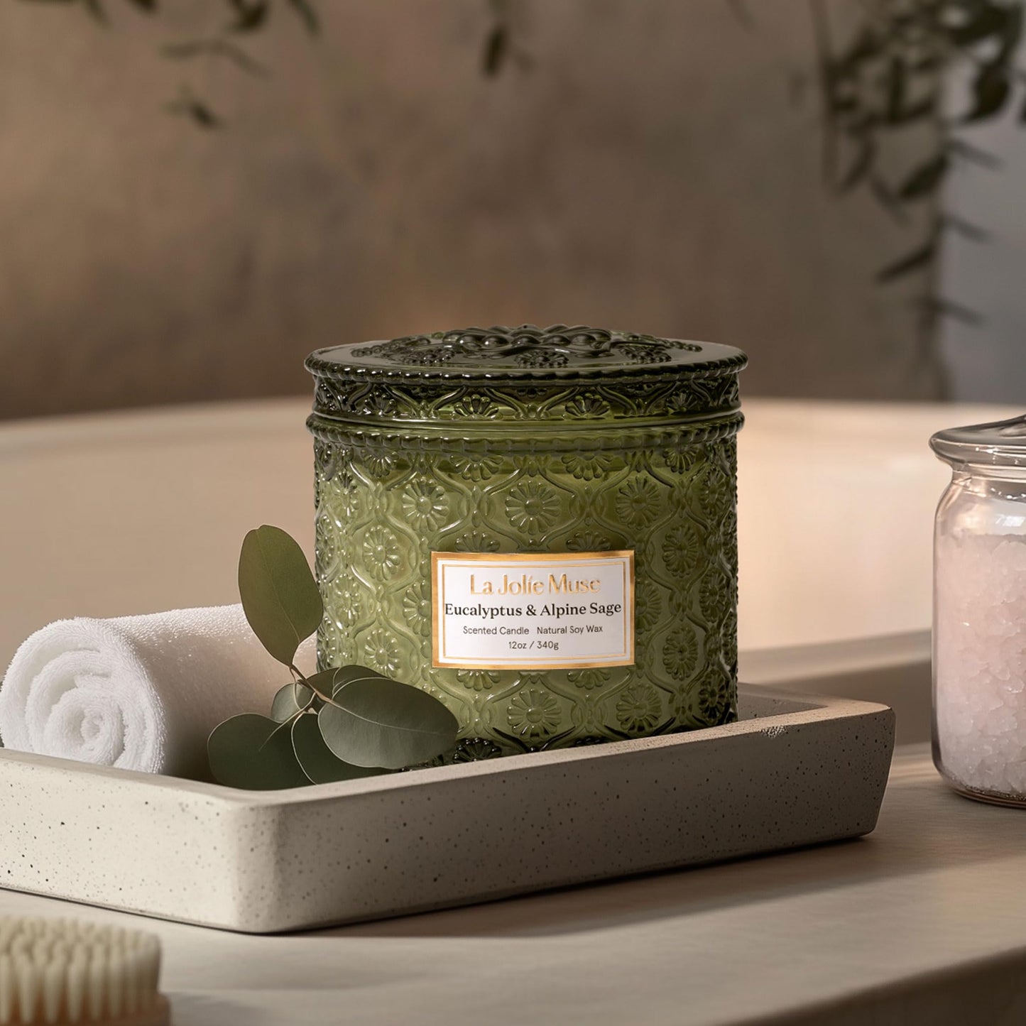 LA JOLIE MUSE Eucalyptus & Alpine Sage Scented Candle | Eucalyptus, Sage, Lavender | 12 oz Double Cotton Wick Soy Candle | 60 Hours Clean Burn | Daily Relaxation & Cozy Ambiance | Elegant Home Decor