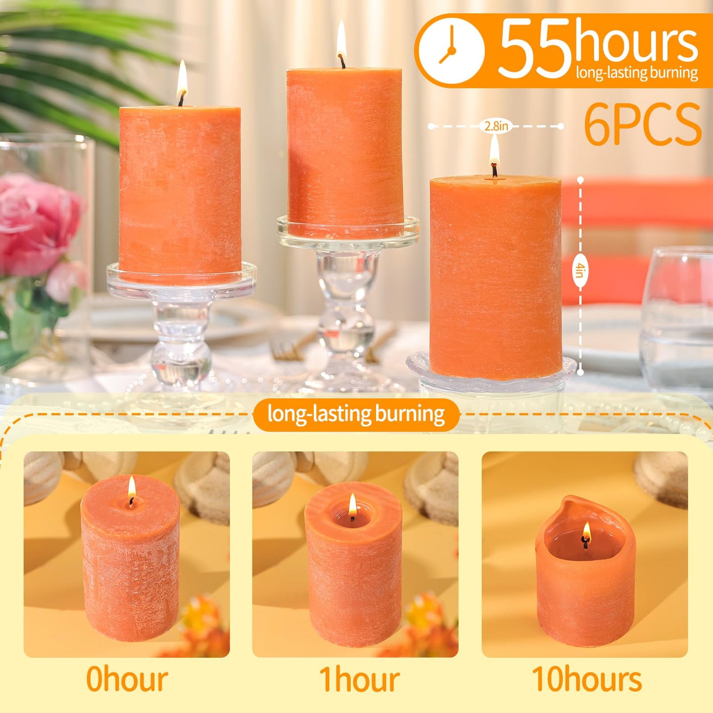 Burnt Orange Rustic Pillar Candles 6 Pack | 2.8" x 4" Soy Wax Candles, 55 H Long Burning, Smokeless Unscented Rustic Candles for Wedding, Home Decor, Farmhouse, Thanksgiving