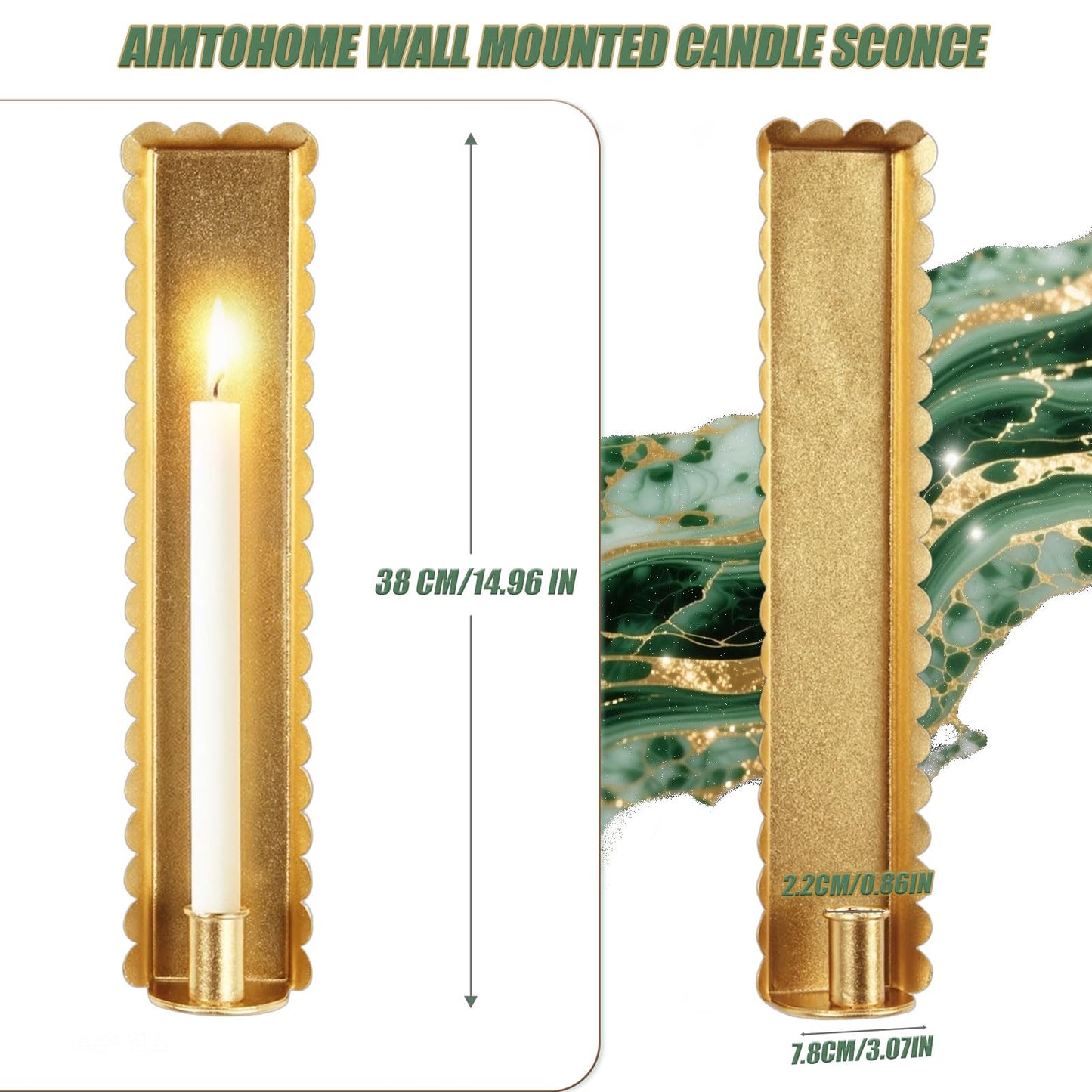 AimtoHome Gold Wall Candle Sconces Set of 2, Scalloped Edge Box-Shaped Cast Iron Farmhouse Church Holders for Taper Candles, Wall Mounted Rustic Candle Sconce for Living Room, Dining Room Decor