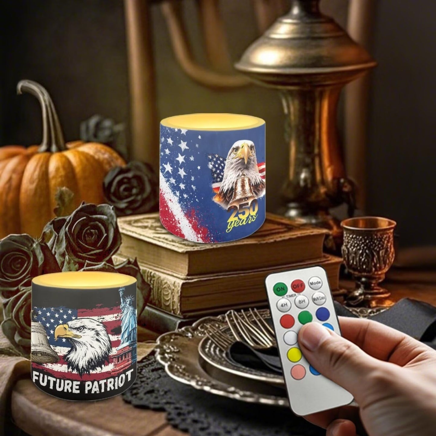 NETILGEN 250 Years American Flag Eagle 4 Pieces Flameless Candles with Remote Timer Battery Operated LED Flickering Candles for July 4th USA Independence Day Decor