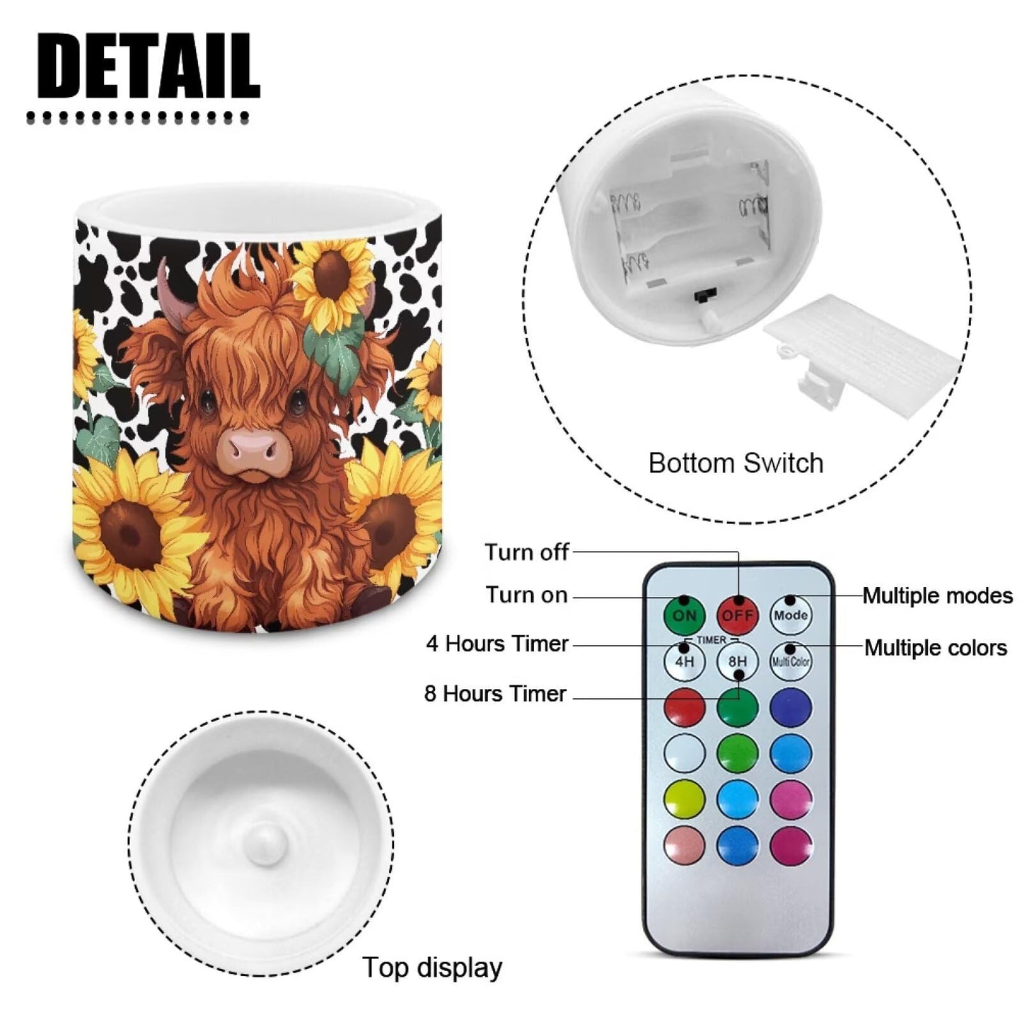 NETILGEN Sunflower Highland Cow Flameless Candles with Remote Control Timer LED Pillar Candles Set of 4 Battery Operated Candles for Home Living Room Decor