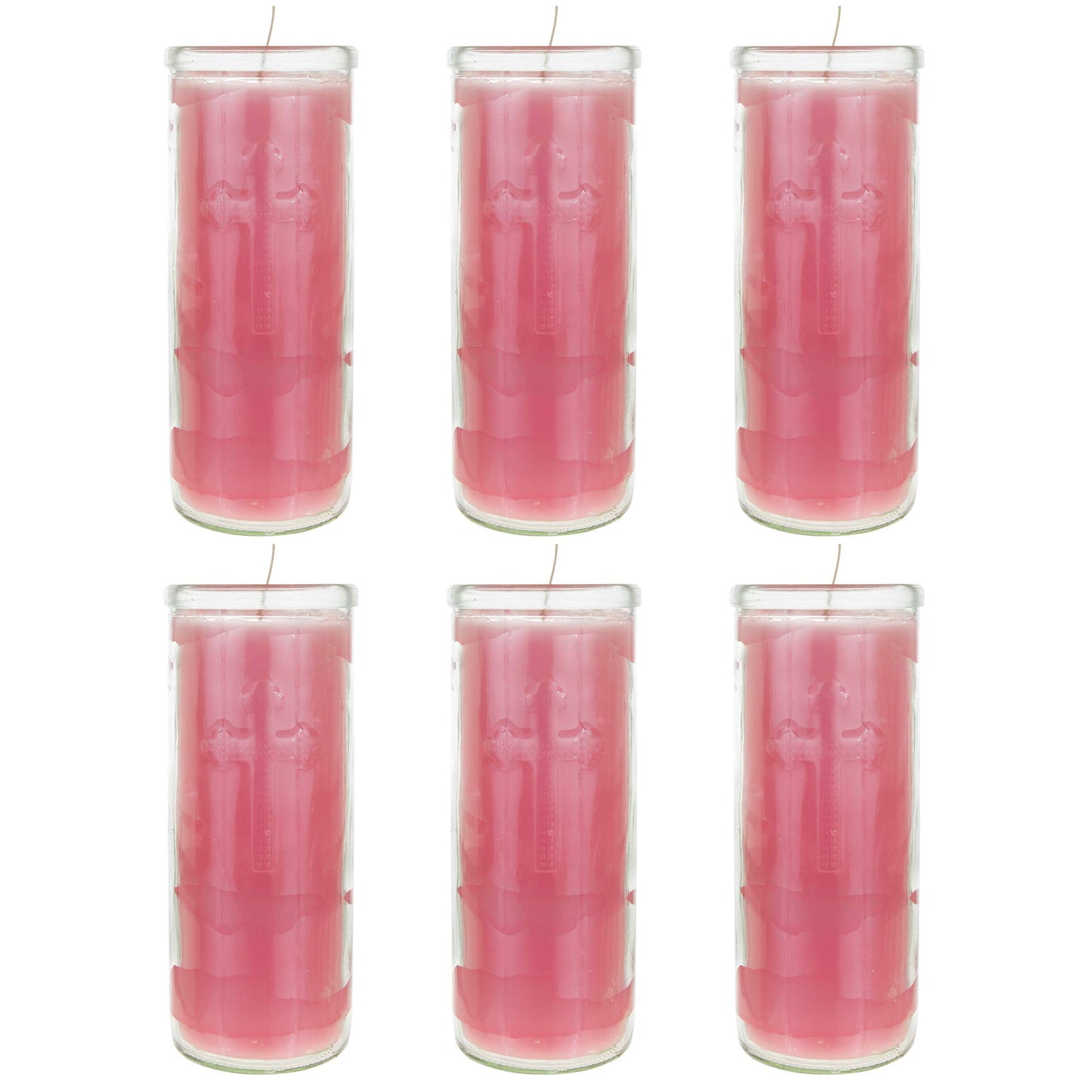 Mega Candles 6 pcs Unscented Pink Dual Cross Glass Container Altagraciano Devotional Prayer Candles, Premium Wax Candle 3 Inch x 7.25 Inch, Sanctuary, Vigils, Prayers, Blessings, Religious, Memorials