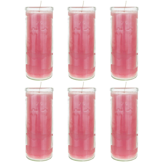 Mega Candles 6 pcs Unscented Pink Dual Cross Glass Container Altagraciano Devotional Prayer Candles, Premium Wax Candle 3 Inch x 7.25 Inch, Sanctuary, Vigils, Prayers, Blessings, Religious, Memorials