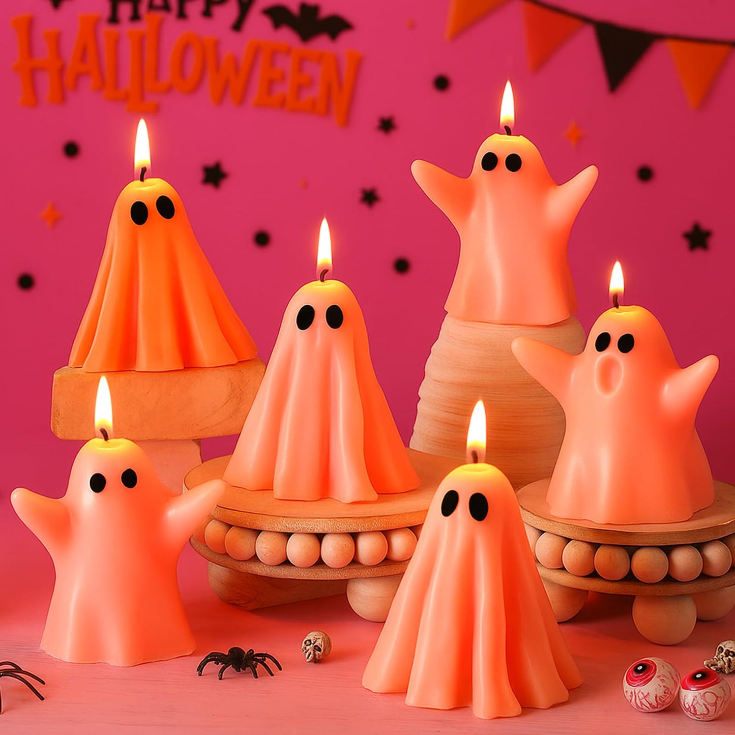 Conelist 6 Pieces Halloween Large Ghost Candles White Spooky Scented Halloween Candles Horror Gifts Candle Tea Lights Goth Room Decor for Summer Dining Table Party Bedroom(Pink Style,Pink)