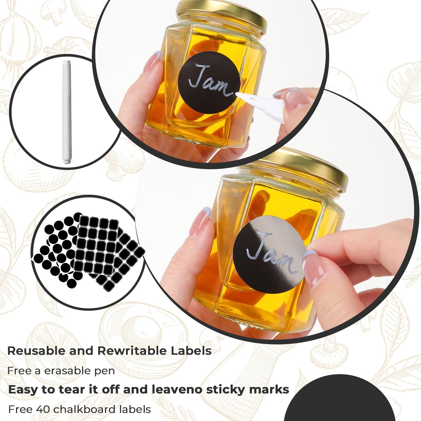 Waymind 6 oz Hexagon Glass Jars with Gold Lids, 30 Pcs Canning Jars for Jam, Honey, Jelly, Candy, Candle, Wedding Favors, Baby Shower Favors, Spice Jars Crafts with Stickers and Pen for Labeling