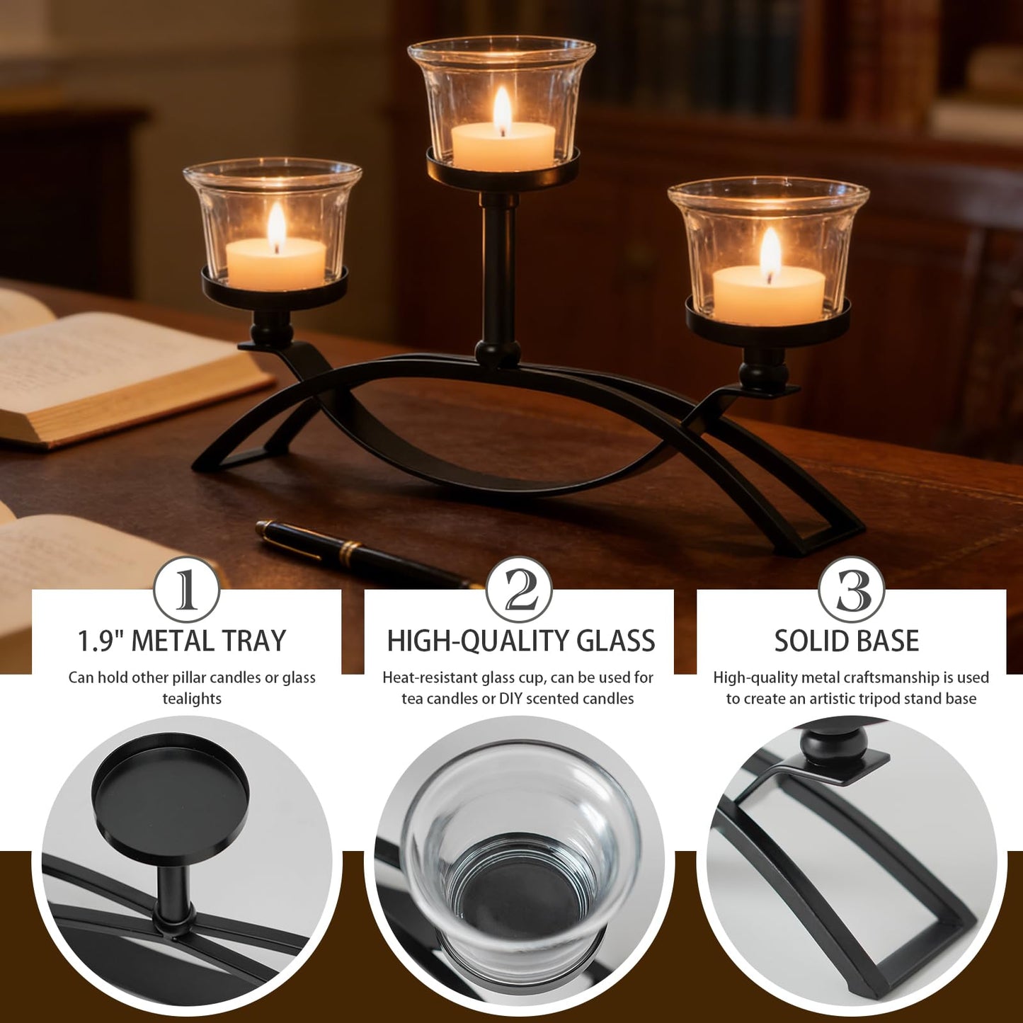 3-Arm Metal Tea Light Candle Holder Set with 5 Glass Cups, Votive Candle Holders Centerpiece Candelabra for Wedding Table Decor, Home Gatherings and Holidays (Black, 3 Cups-2 Pcs)