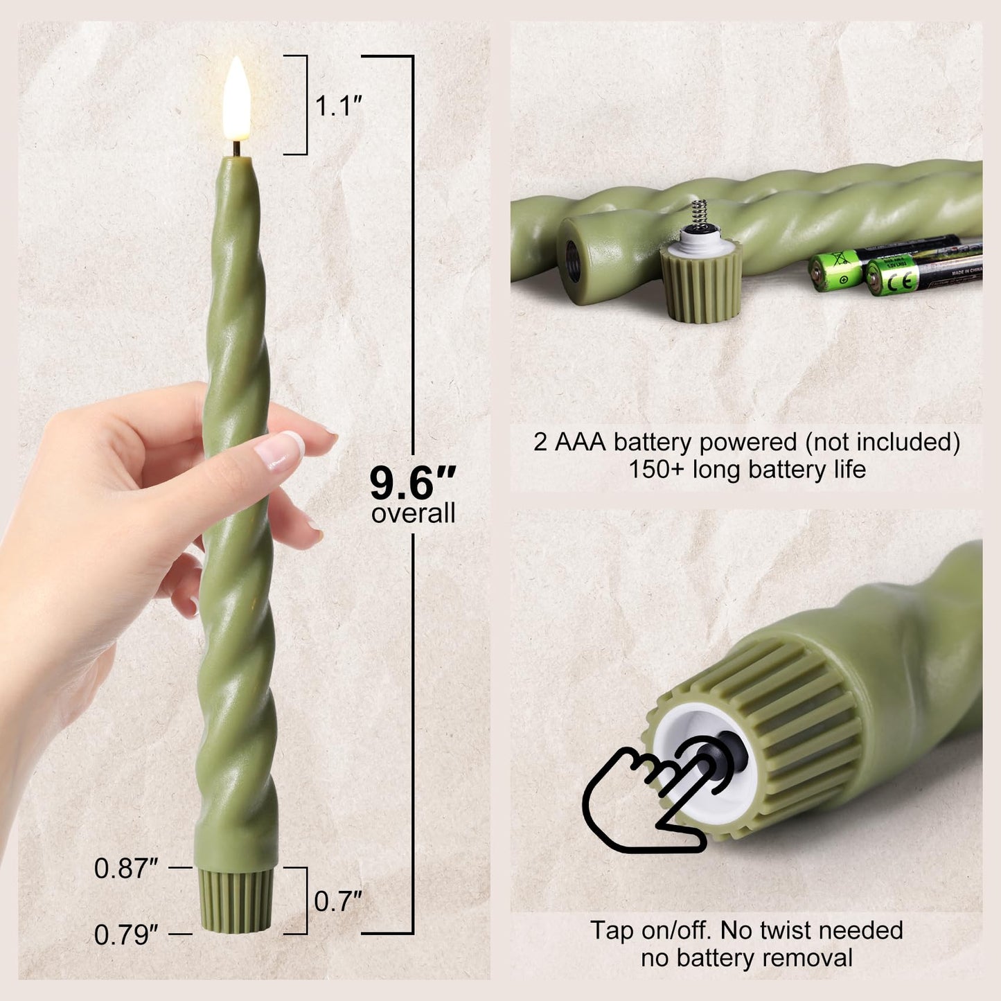 Girimax Sage Green Flameless Taper Candles with Remote, Flickering Spiral Battery LED Candlesticks Home Decor Set of 6