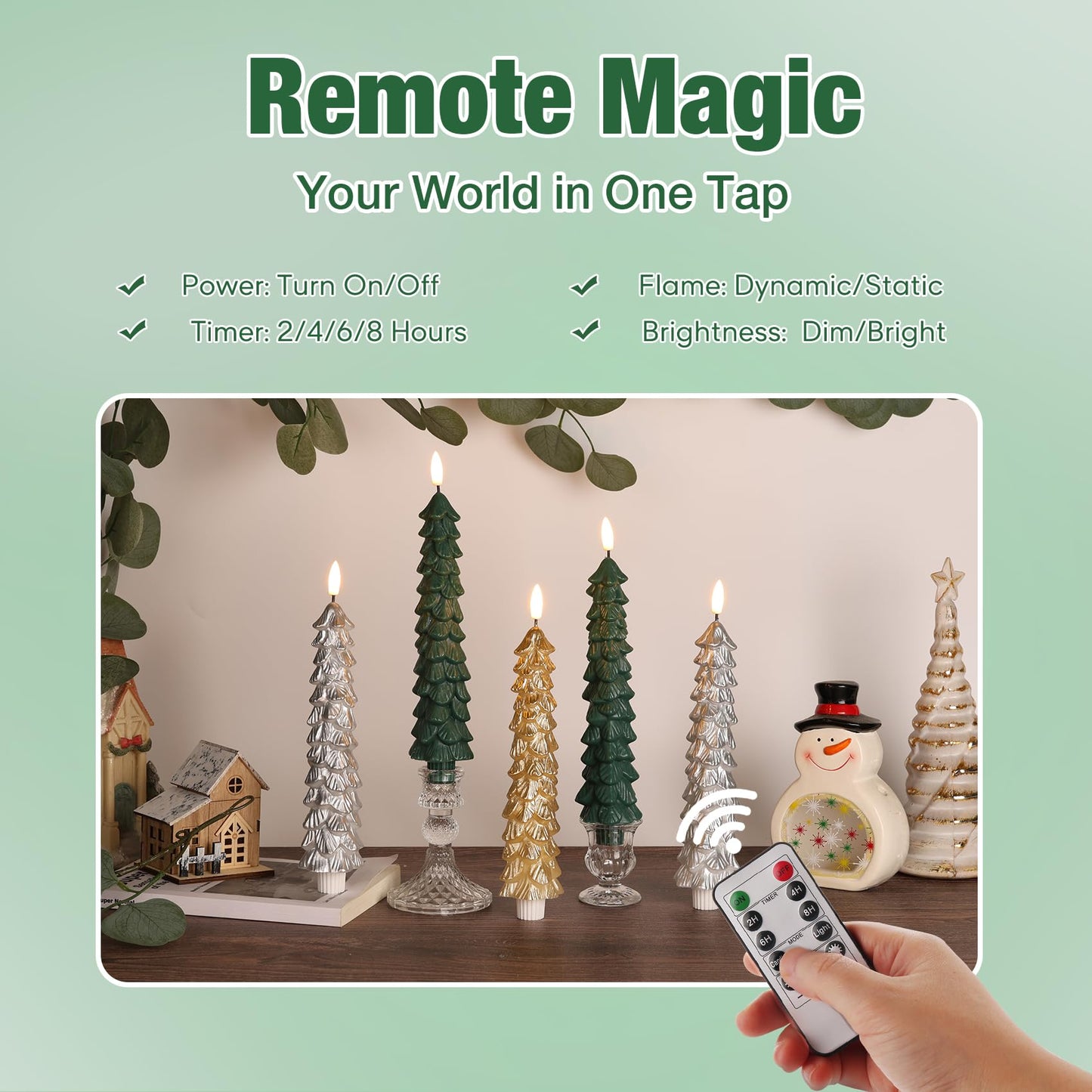 Eywamage Green Christmas Tree Taper Candles with Remote, Real Wax Flickering Flameless LED Candlesticks Set of 2