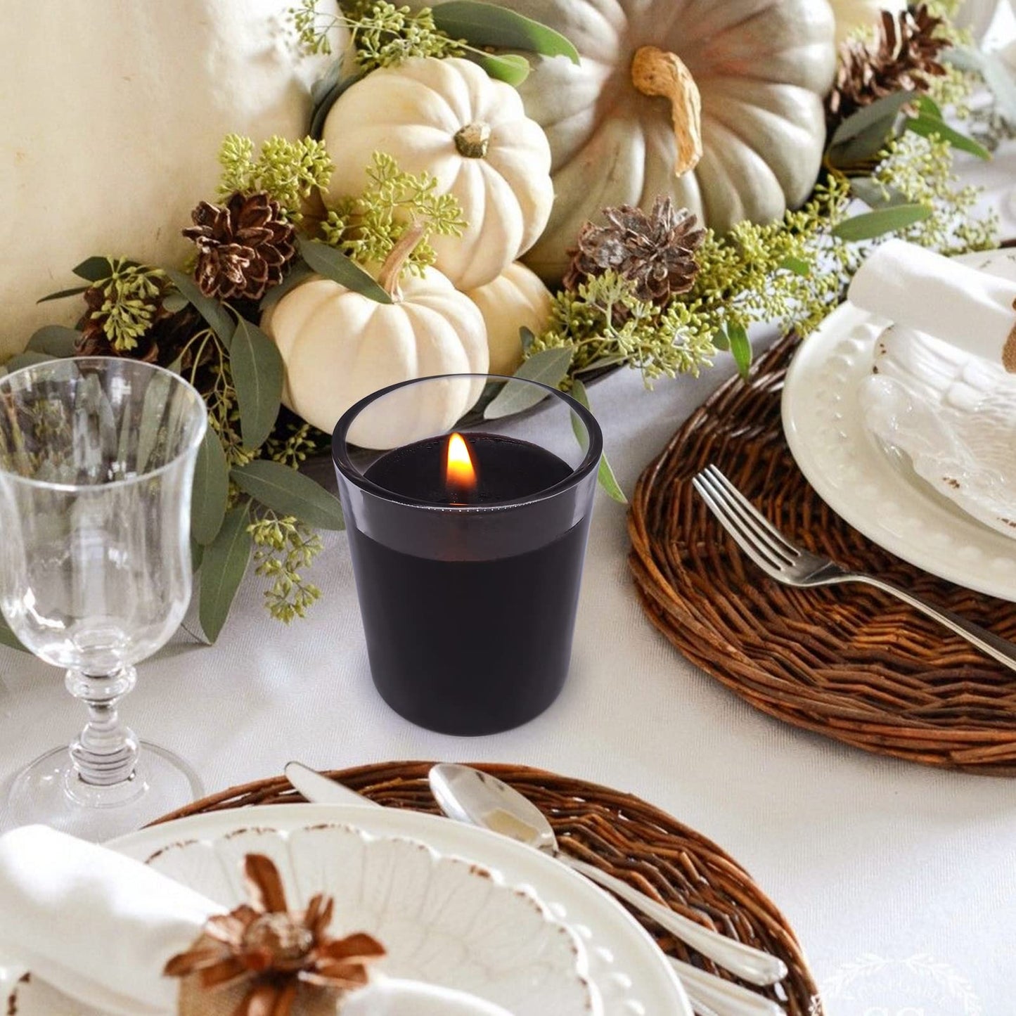 Set of 4 Black Votive Candles for Halloween Pumpkin, Clear Glass Filled Unscented Soy Wax Candle for Dinner, Parties, Home Decorations and DIY