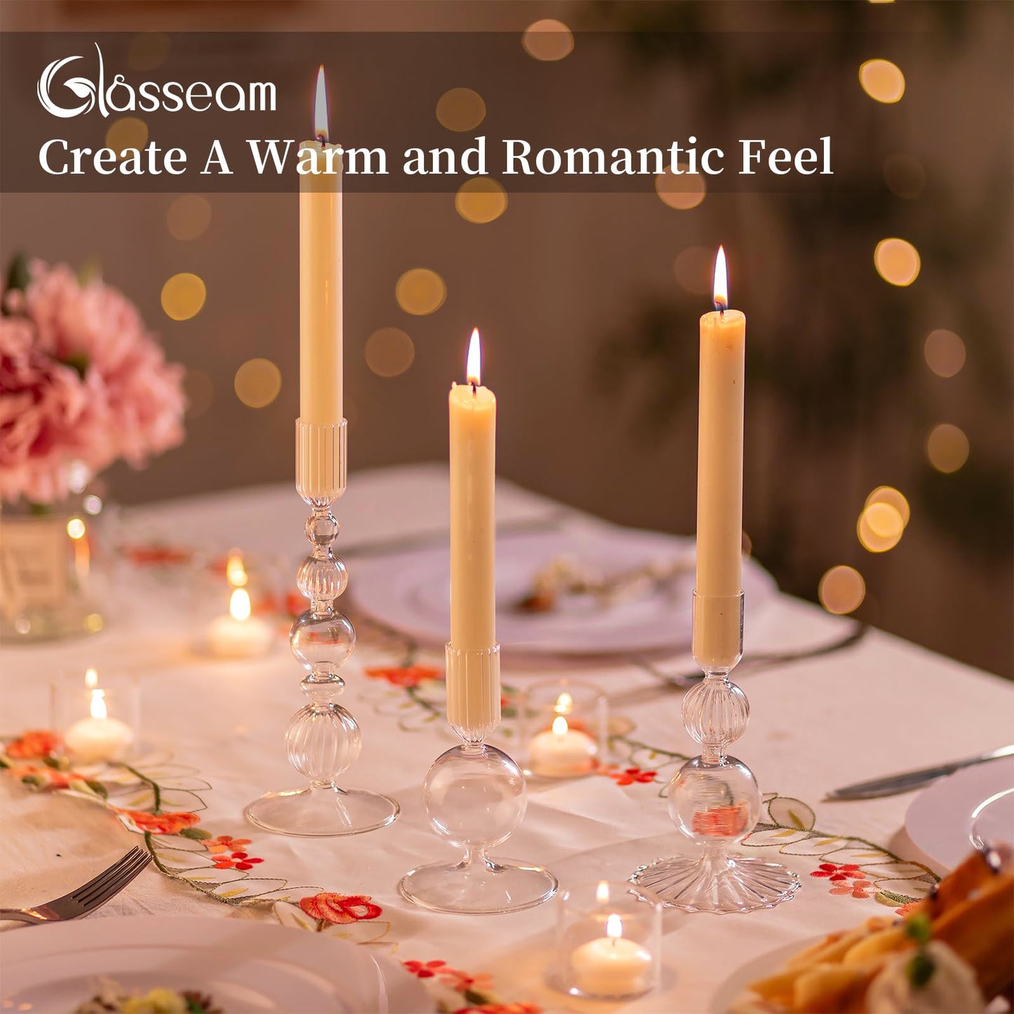 Glasseam Glass Candle Stick Holder: Clear Taper Candle Holders Set of 3 Modern Candlestick Holders for Taper Candles Decorative for Table Centerpiece Wedding Party Christmas Decorations