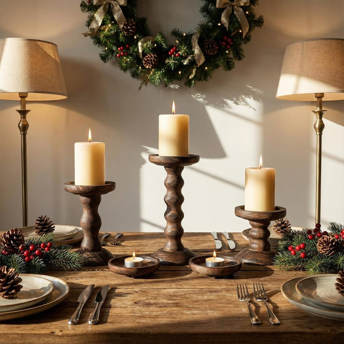 Vesici Candlestick Holder Plate Pillar Candle Holder Candles Stand Decorative Centerpieces for Table Wedding Events Party Living Room Housewarming Gift(Wooden)