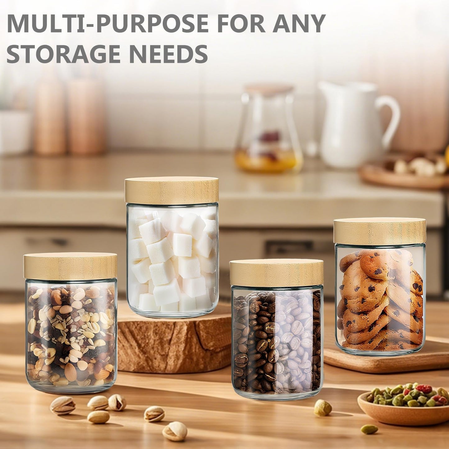 TBWIND 4 Pack 16oz Glass Jars with Bamboo Lids, Spoons, Airtight Overnight Oats Containers, Wide Mouth Mason Jars, Food Storage Container for Yogurt Salad Snacks Spice Sugar Meal Prep – Reusable