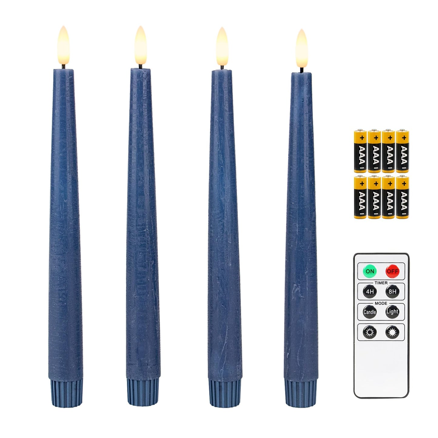 Fanna 9.6" Flameless LED Taper Candles with Timer in Real Wax, Battery Operated Rustic Wax Dinner Candlesticks with Remote, 8 Batteries Included - Set of 4 - Dark Blue
