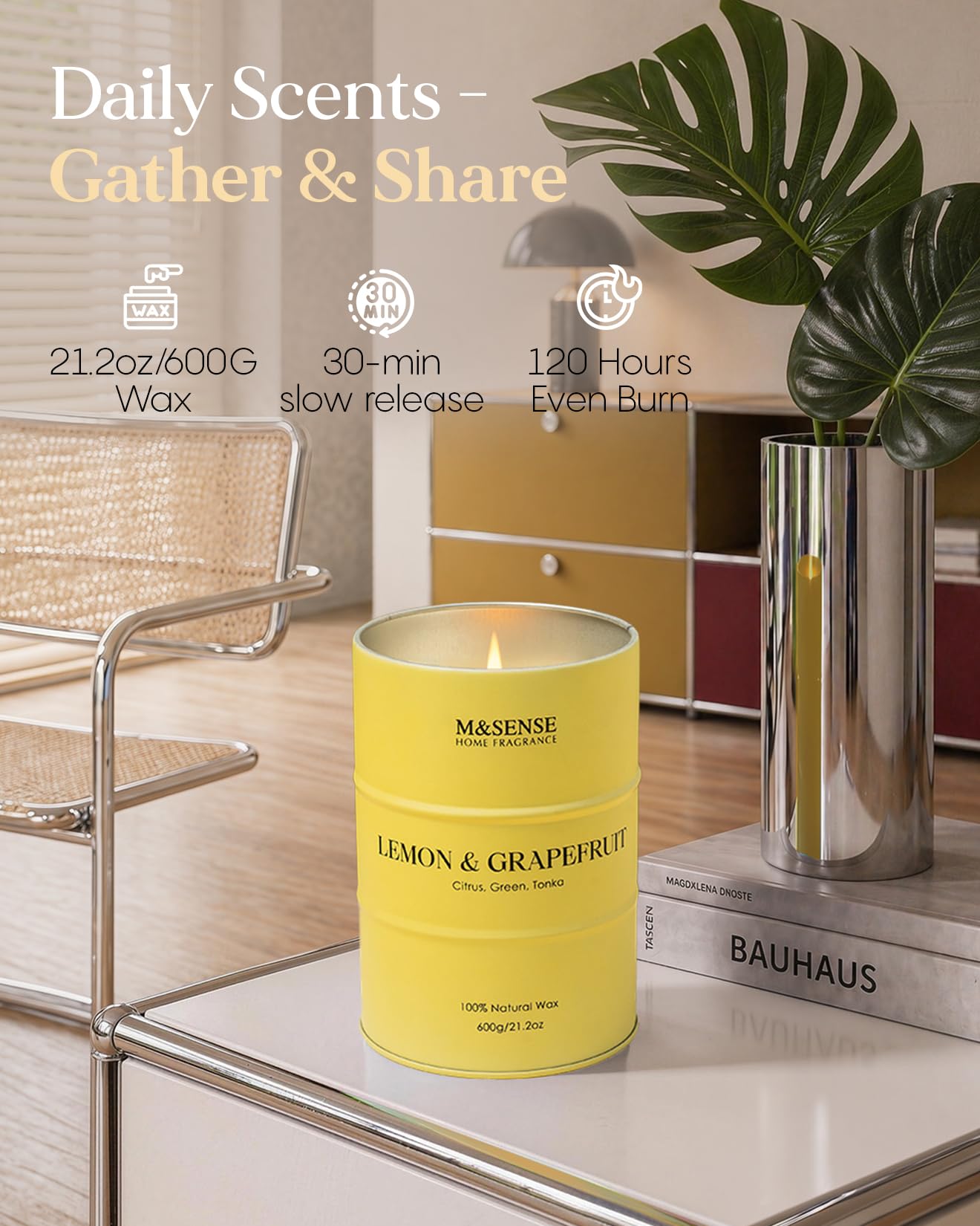 M&SENSE Lemon Candle Large for Home Scented, Lemon Soy Candles 21.2oz 120 Hour Slow Burning, Highly Scented Limoncello Grapefruit Citrus Candles for Bathroom, Fresh Smelling Candle