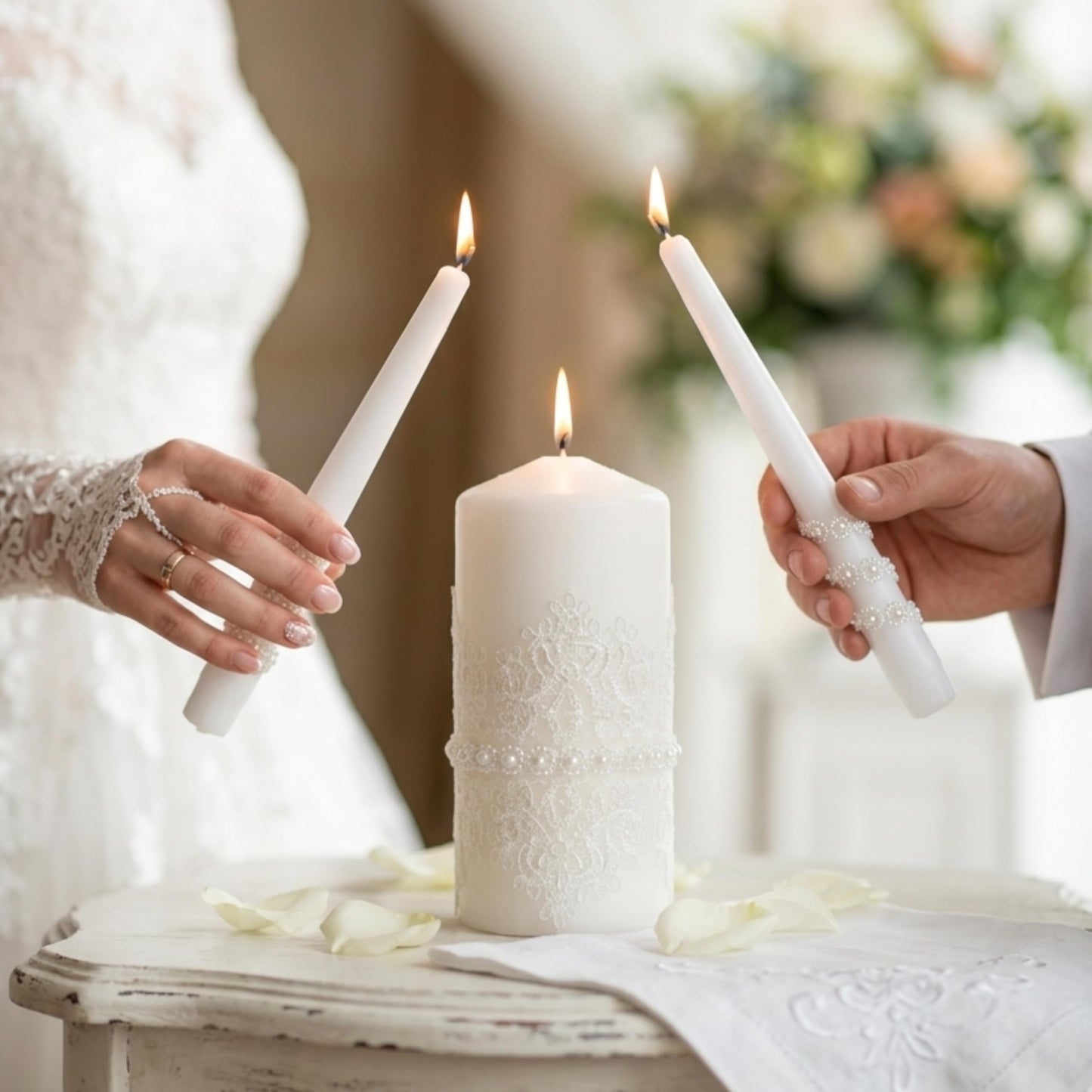 Magik Life Unity Candle Set - Wedding Ceremony & Reception – 6” Pillar & Two 10” Taper Candles – Long Burning Unity Candles for Marriage Ritual – Handmade in USA – White | Lace