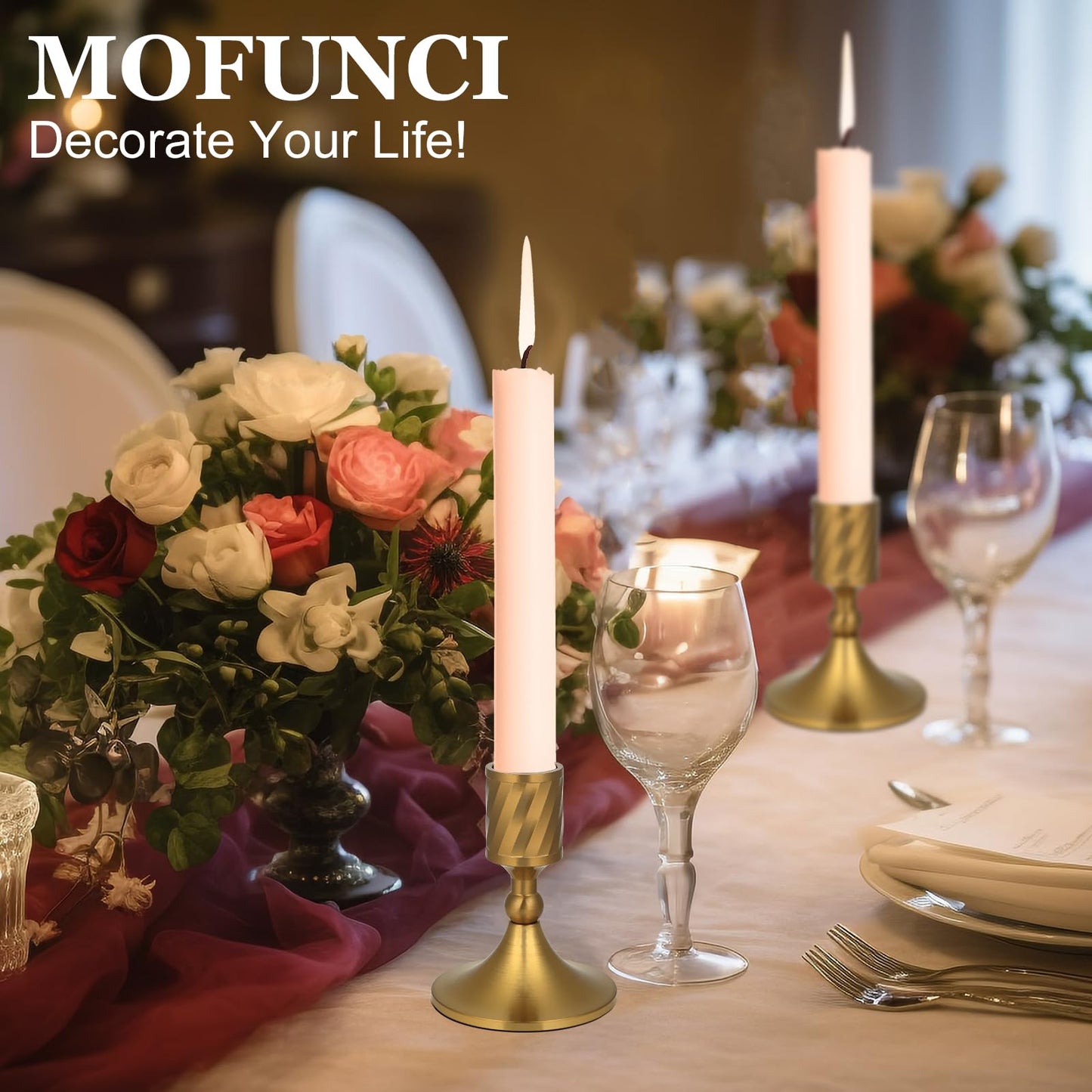 Mofunci Candlestick Holders Taper Candle Holders, Gold Candle Stick Holders Decor for Wedding Christmas Birthday Party Holiday, Short Candle Holders for Table Centerpieces Home Decor, Set of 2
