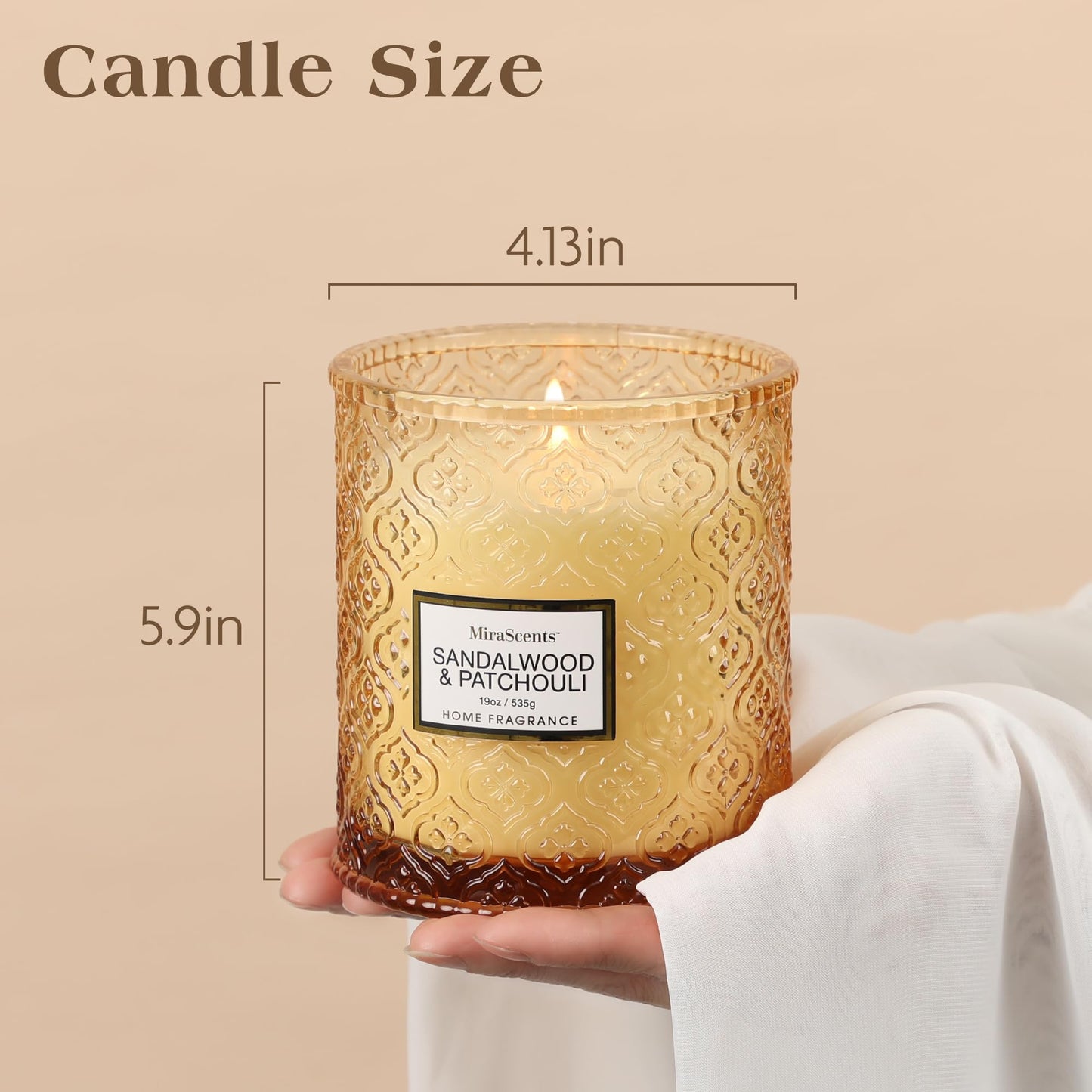 Sandalwood & Patchouli Candle, Luxury Decorative Glass Candle 19oz, Soy Wax Scented Gift for Women, Elegant Home Fragrance