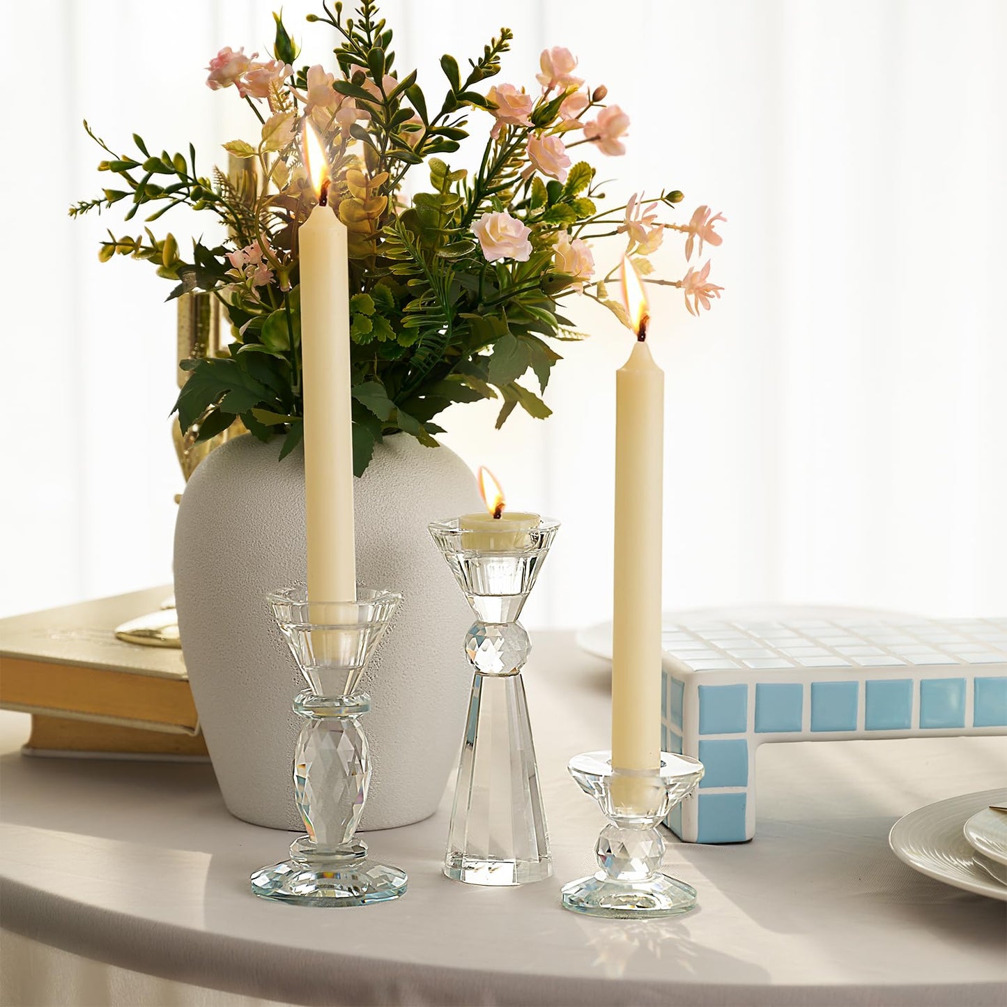DN DECONATION Glass Candle Holder Set of 3, Candlesticks Holders Clear Crystal Tealight Candles Holder Home Decor Aesthetic for Table Centerpiece Wedding Decorations Housewarming Gift Living Room
