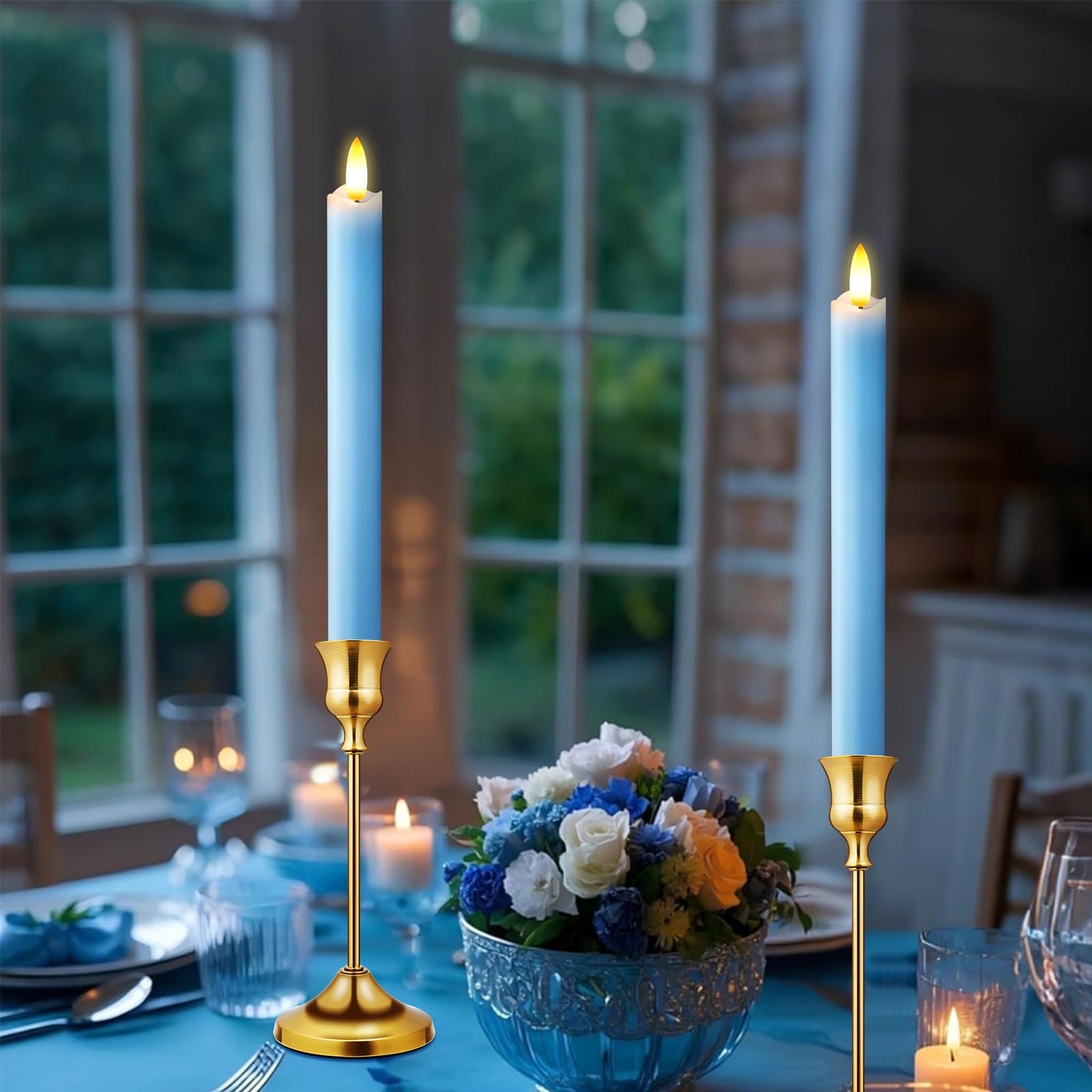 KSWING Upgraded Real Wax LED Flameless Light Blue Taper Candles with Remote, 6 PCS Candlesticks Battery Operated 3D Flickering - 9.6" Long Realistic Fake Candle Sticks for Home/Wedding/Xmas Decor
