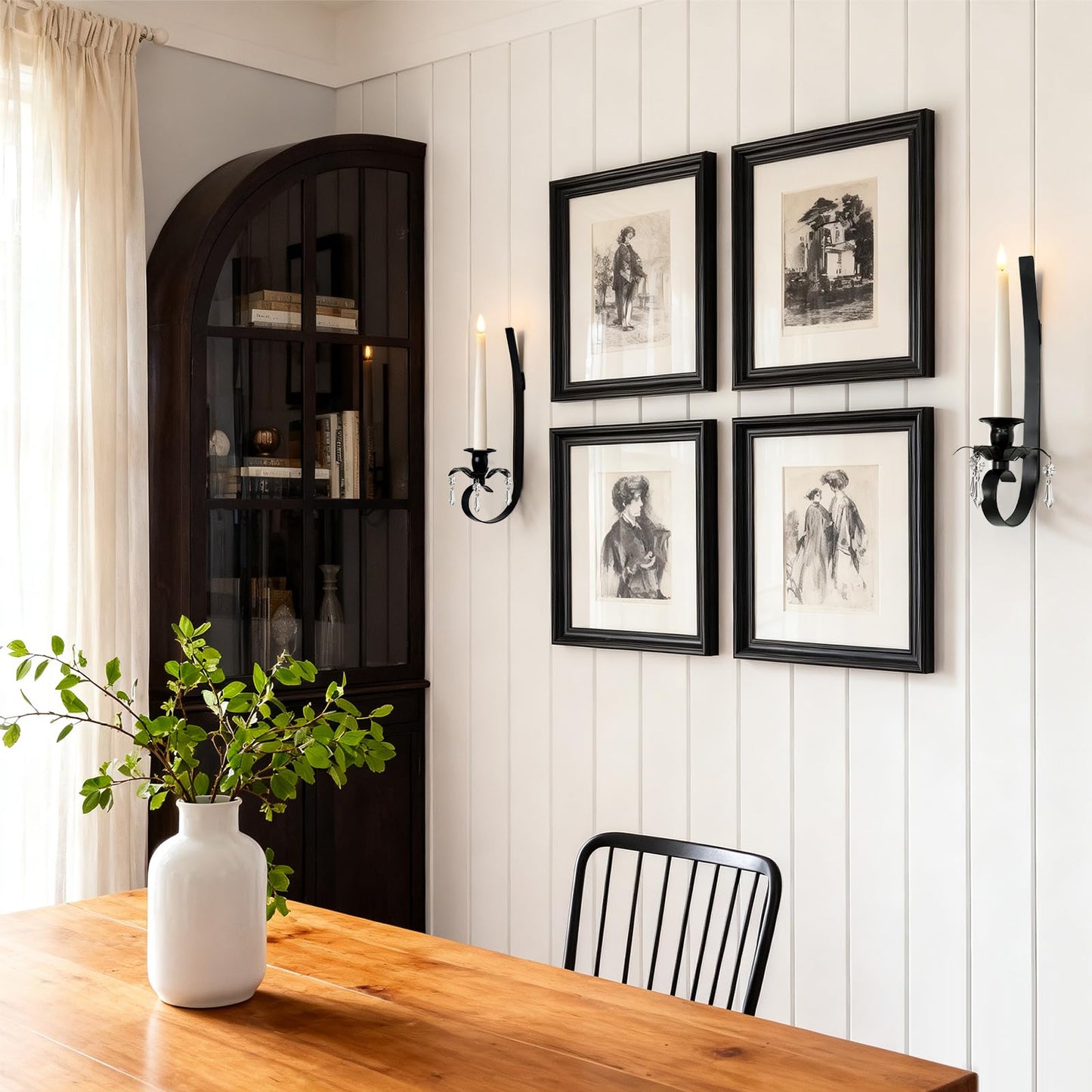KEHAIL Set of 2 Black Metal Wall Candle Sconces with Crystal Pendant - Hanging Candle Holder for Farmhouse Fireplace, Living Room, Hallway, Stairway Decor (2, Black-A Style)