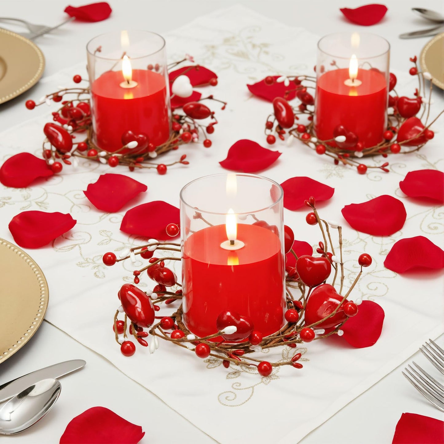 Yunlly 4 Pcs Valentine Candle Wreaths Rings Red Heart and Berry Candle Holder Rings with LED Flameless Red Candles, 9.5" Wide for Valentine's Day Wedding Windows Table Centerpieces