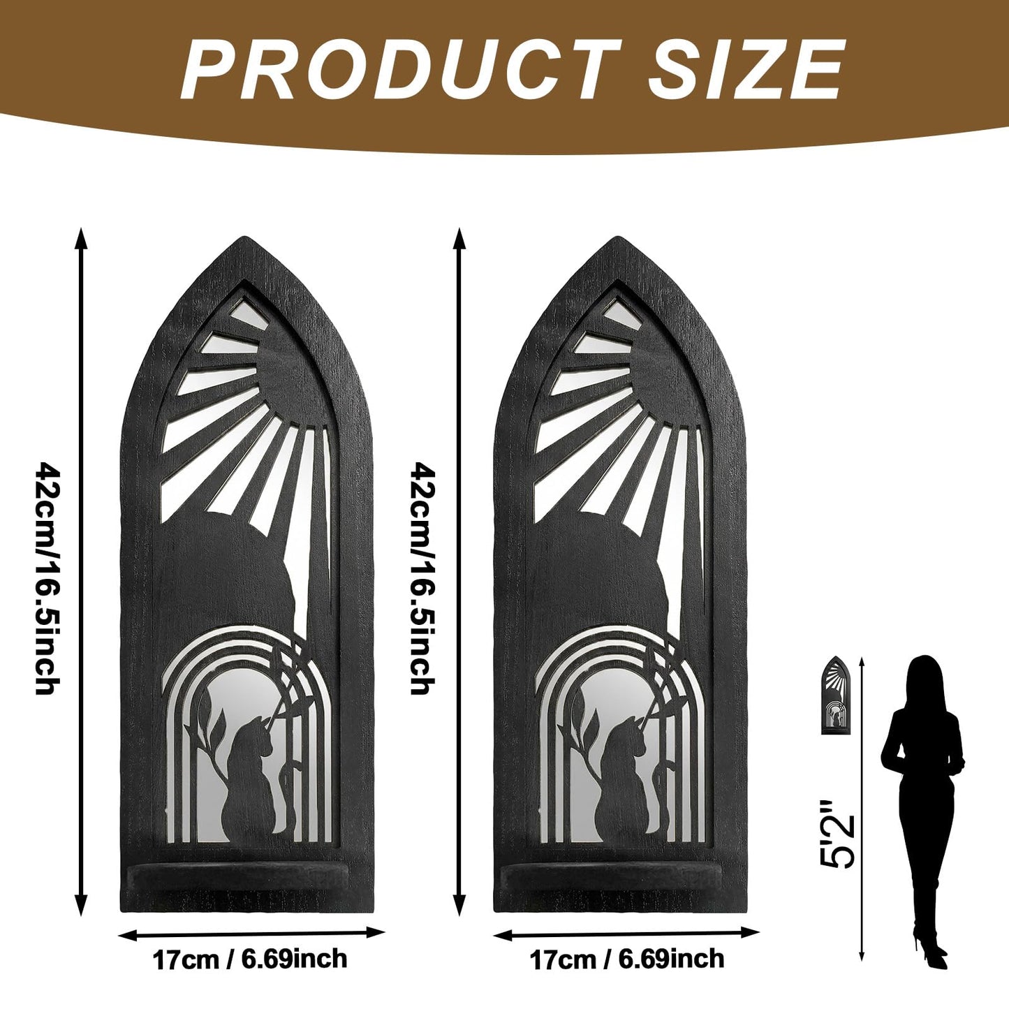 ZEXUIRU 2 Set Rustic Candle Sconces Living Room Bedroom Entryway Wood Mirrored, Farmhouse, Carved Frame Wall-Mount Wooden Candle Holders Wall Decor Hanging Handmade Holder - Black