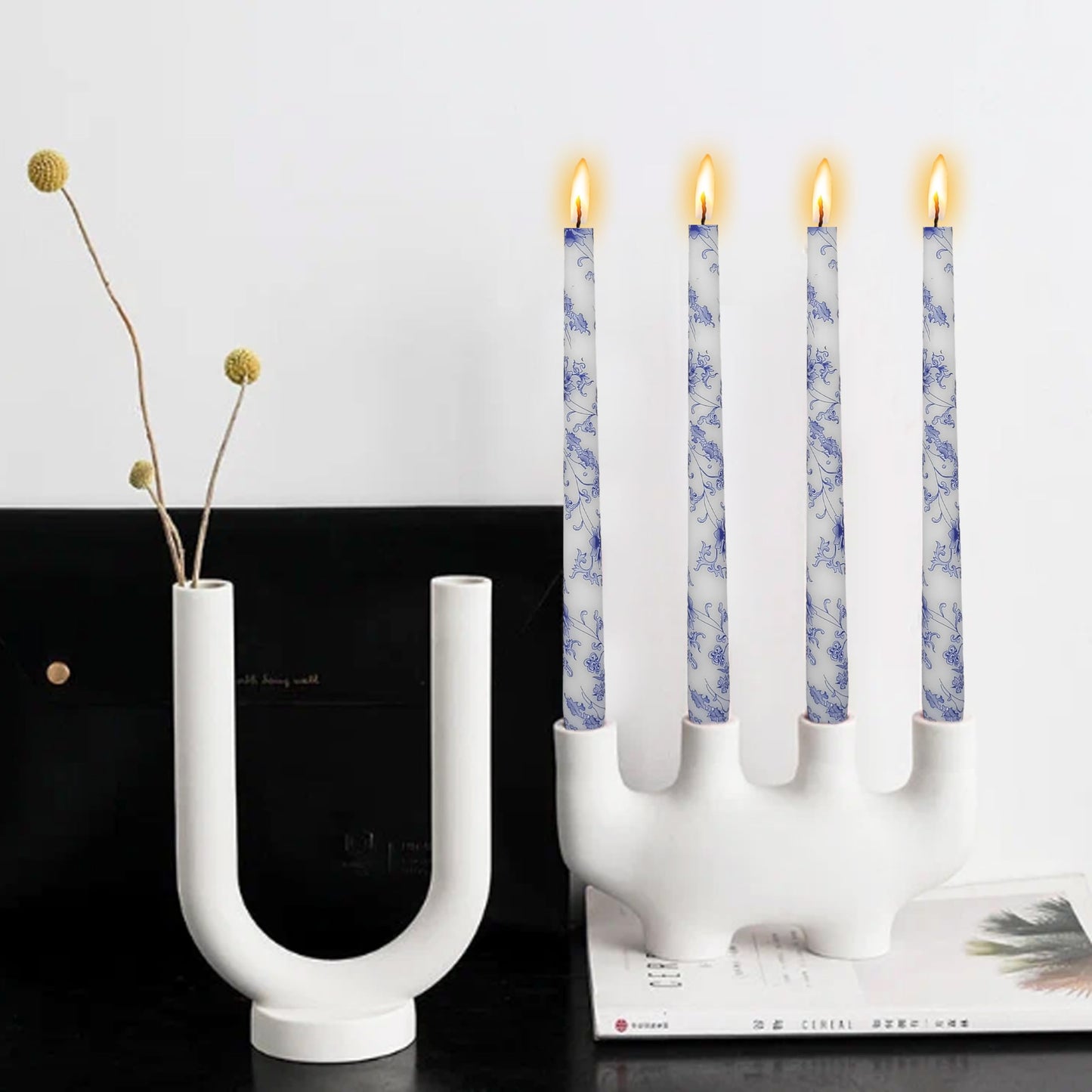 Printed Taper Candles 10 INCH Handmade Candles Unscented Smokeless Candlesticks Blue and White Porcelain Pattern Candle for Home Wedding Dinner Holiday Party