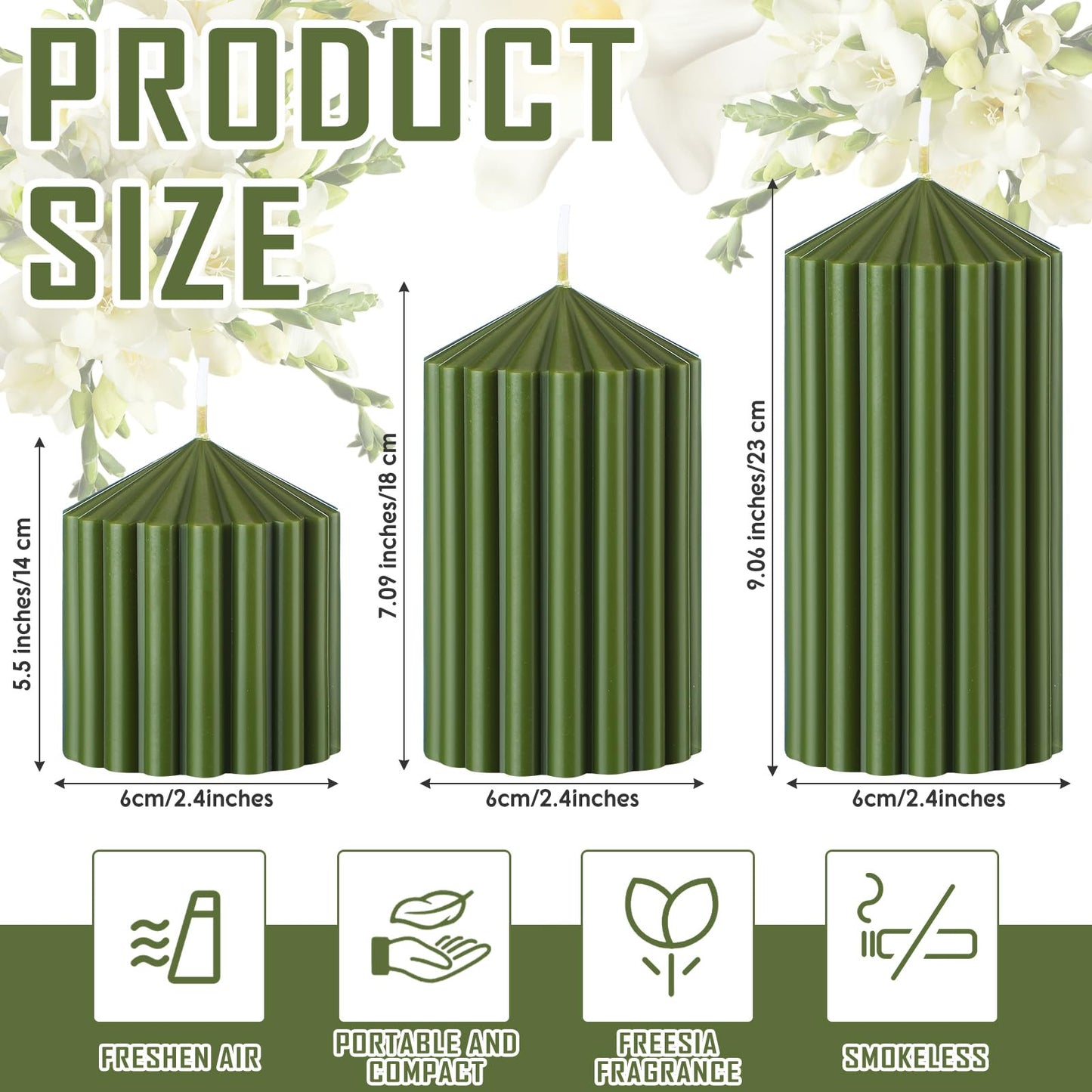 Conelist Set of 3 Moss Green Ribbed Pillar Candles Soy Wax Scented Ribbed Candles Includes 2.8, 4.2 and 5.1 Inches Heights Decorative Romantic Wedding Decoration for Couple Home Birthday Gift