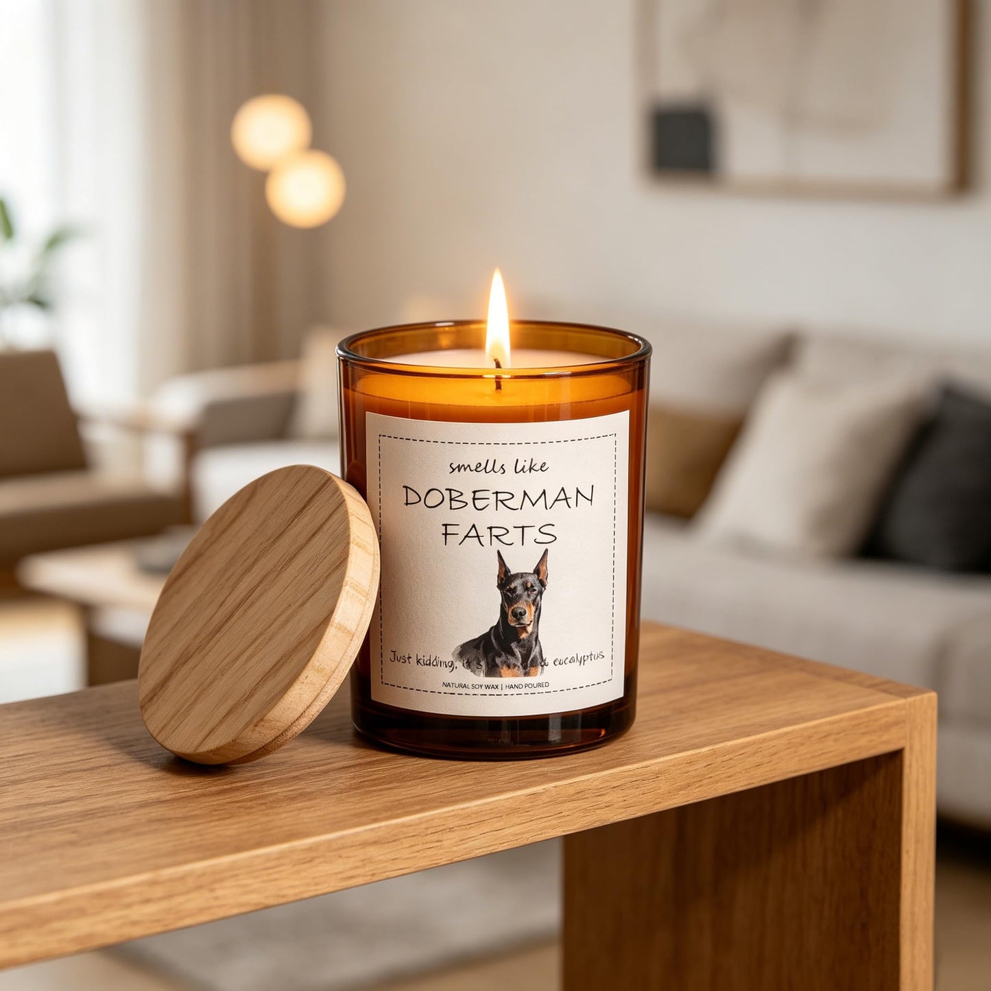Doberman Gifts & Decor, Doberman Pinscher Gifts, Smells Like Doberman Farts Candle - Lavender & Eucalyptus, Crafted by Natural Soy Wax & Natural Essential Oils