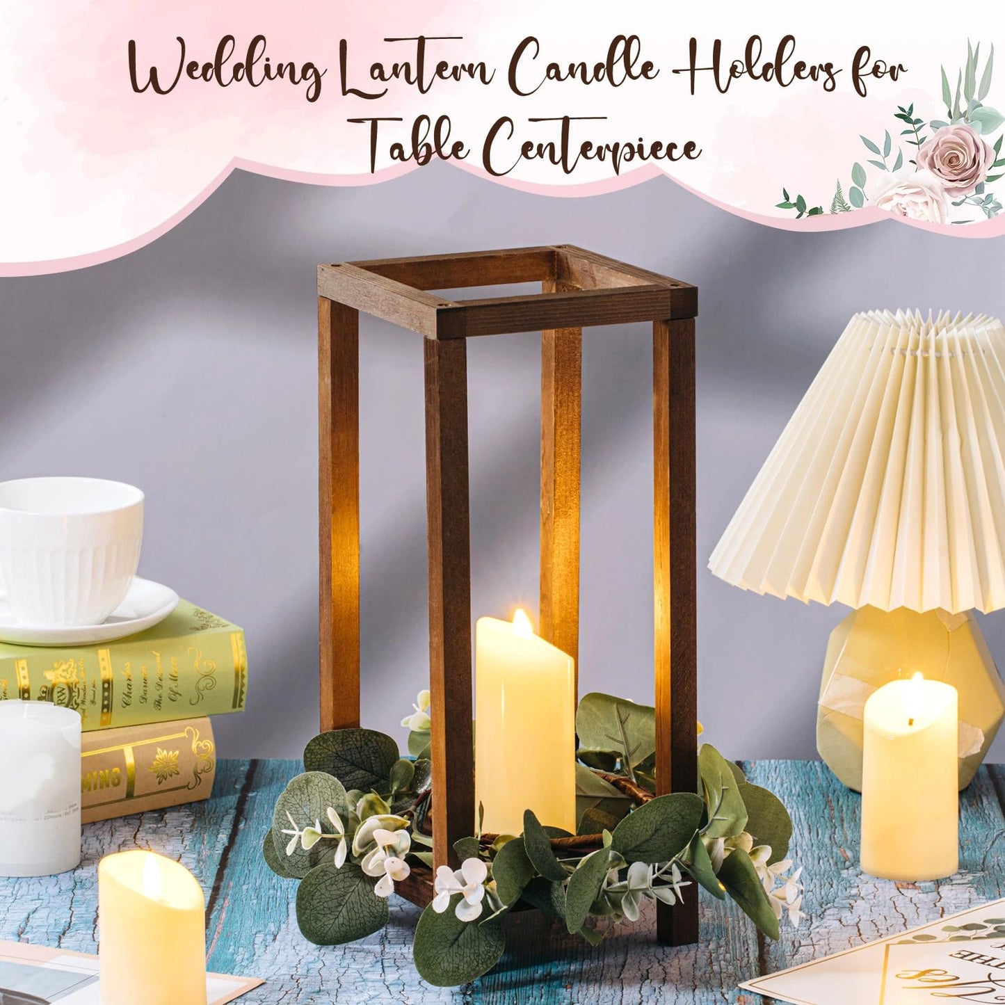 Geelin 10 Pcs Wooden Wedding Lantern Centerpiece Candle Lantern Table Wooden Candle Holder Decorative for Wedding Party Table Valentine Decor(13 in,Brown)
