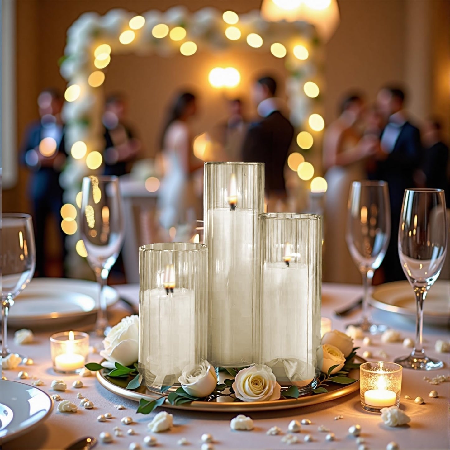 Sandraheer Elegant Ivory White Pillar Candles with Clear Ribbed Glass Holders 24 pcs (12 Unscented Candles+12 Candle Hoders) –Perfect for Weddings, Parties, Events, and Home Decor–Long-Lasting Burn