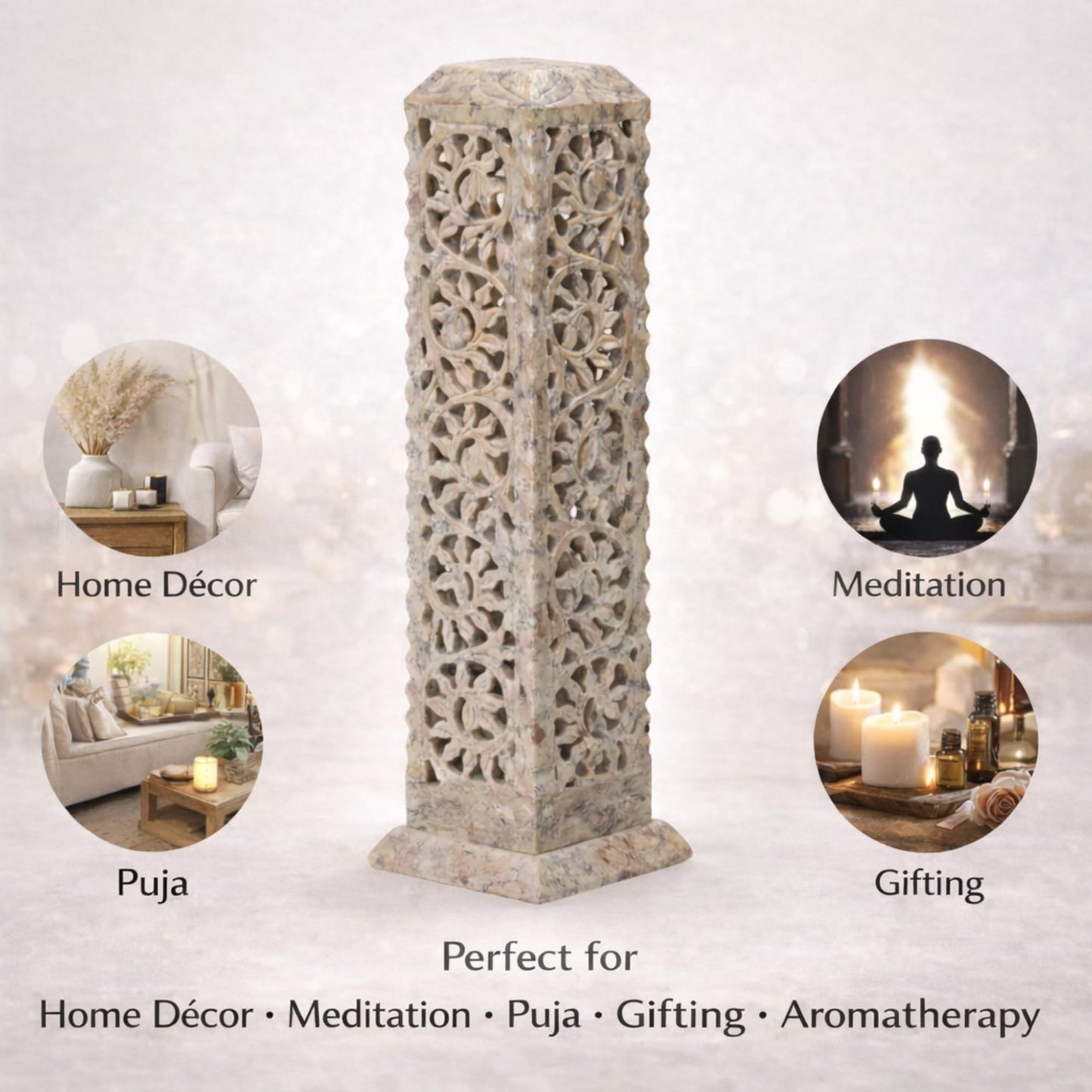 Carry Me Handmade Marble Soapstone Incense Stick Burner | Candle Stick Holder | Tea Light Stand - Perfect Incense Tower for Gifting. Decorative Home and Kitchen Decor (3 x 3 x 11 Inches)