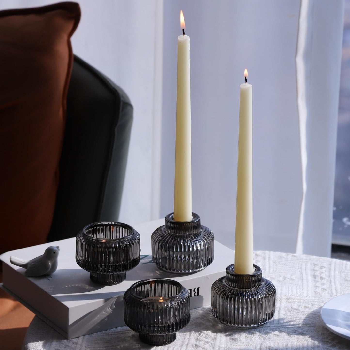 Woho Smoky Grey Candlestick Holders Set of 4 for Votives/Tea Lights, Ribbed Glass Taper Candle Holders for Table Centerpiece, Reversible Candle Sticks Holder Decor for Daily Home Decor