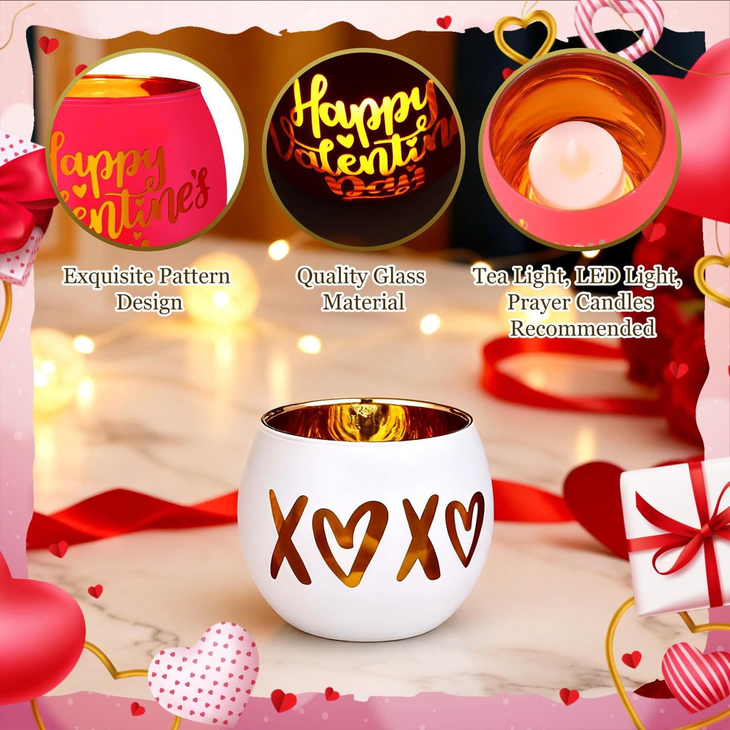 FoldTier 6 Pcs Valentines Candle Holders Love Glass Tealight Votive Candle Holder for Table Centerpiece Valentine's Day Wedding Party Decoration Home Tabletop Decor Gift