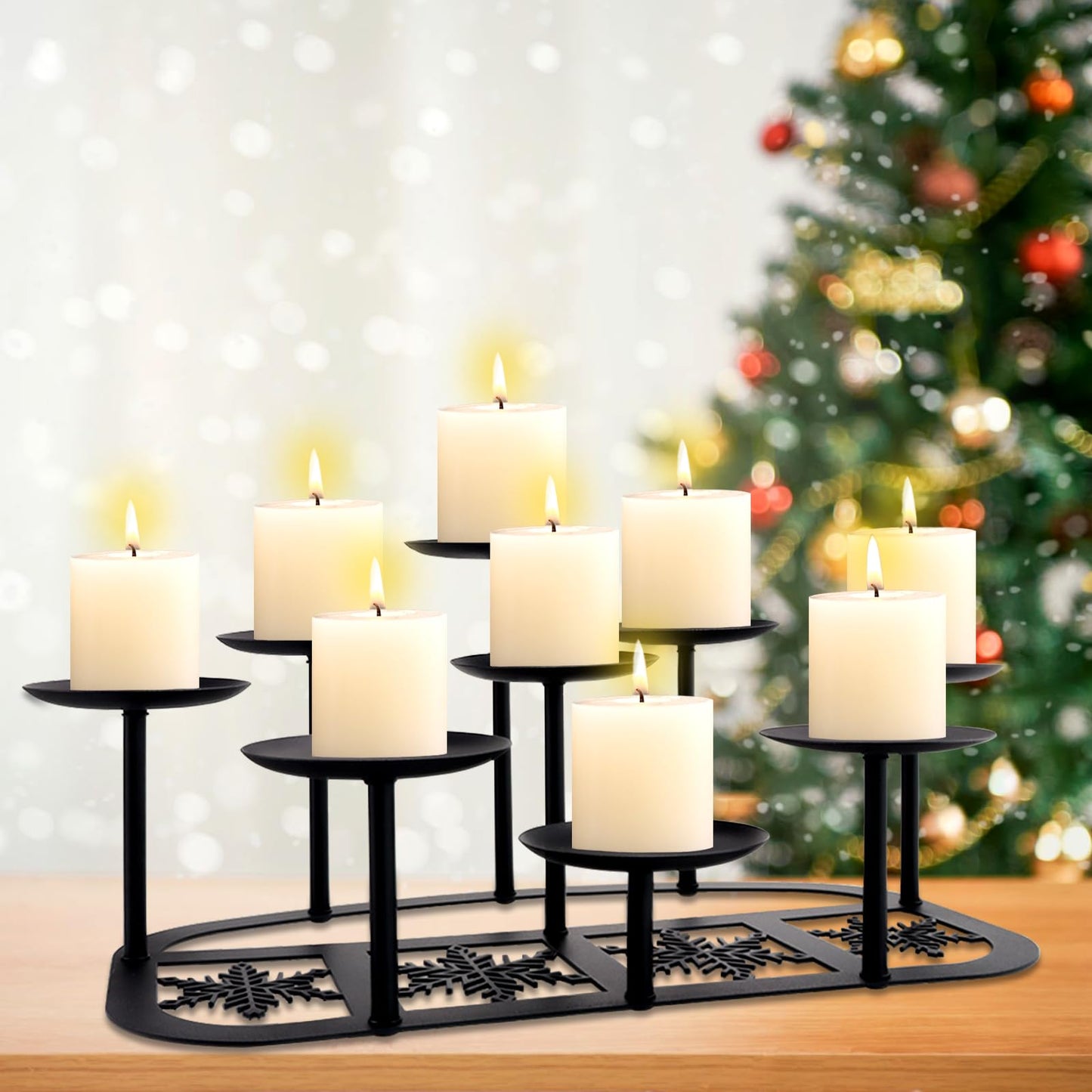 Fireplace Candelabra Candle Holder Matte Black Metal Candleholder with 9 Candle Stands Mantle Decor for Flameless or Wax Pillar Candle Floor Table Centrepiece Christmas Wedding Party Decoration