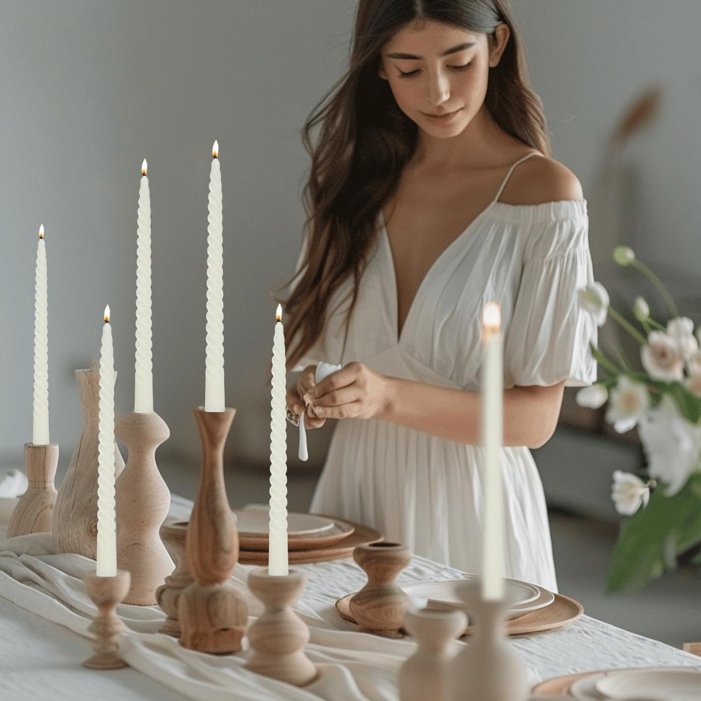 Ivory Taper Candles Stick Spiral Twisted Candles-Set of 12 for Decoration Weddings Party Church-Unscented Dripless Candles,10inch(F-Ivory)
