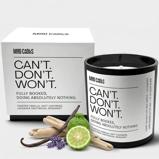 Mad Candles – Can’t. Won’t. Don’t. | Luxury Scented Candle for Relaxation & Home Décor | 9.5oz Coconut Soy Wax | Non Toxic Long Burn Candle Jar | Cozy Bedroom & Living Room Candle