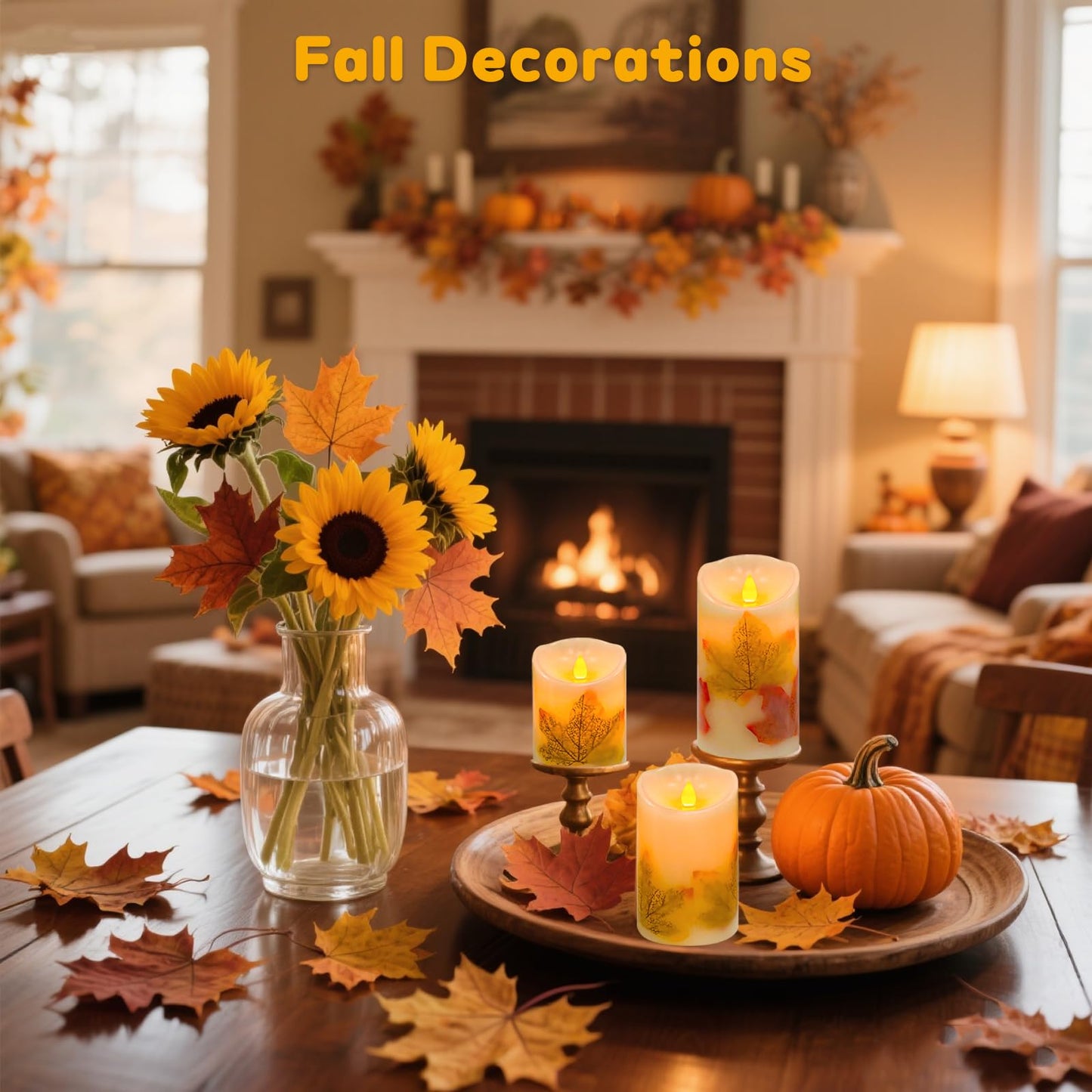 Flameless Candles Lights,Set of 3 Maple Leaf Flickering LED Candles with Remote & Timer, Dimmable LED Pillar Candles Battery Operated, Electric Candles for Thanksgiving Halloween Fall Harvest Decor