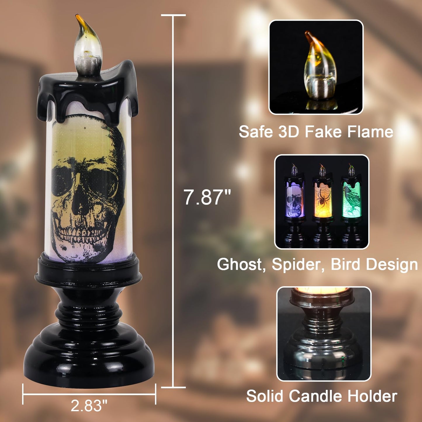 KunSwenn Halloween Flameless Candles Lighted Lamp, Black LED Battery Operated Candles with Remote Timer, Table Centerpiece for Halloween Celebration Parties(Skulls, Spiders, Crows)