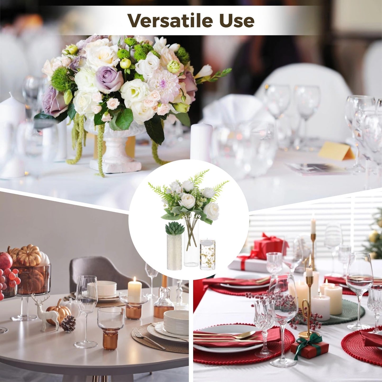 OMISTAR 12 Set Floating Candle Vases for Centerpieces - Including 3 Sizes Cylinder Vases, Floating Candles, Golden Beaded Lines, and Absorbent Beads for Wedding, Party, Home Decoration