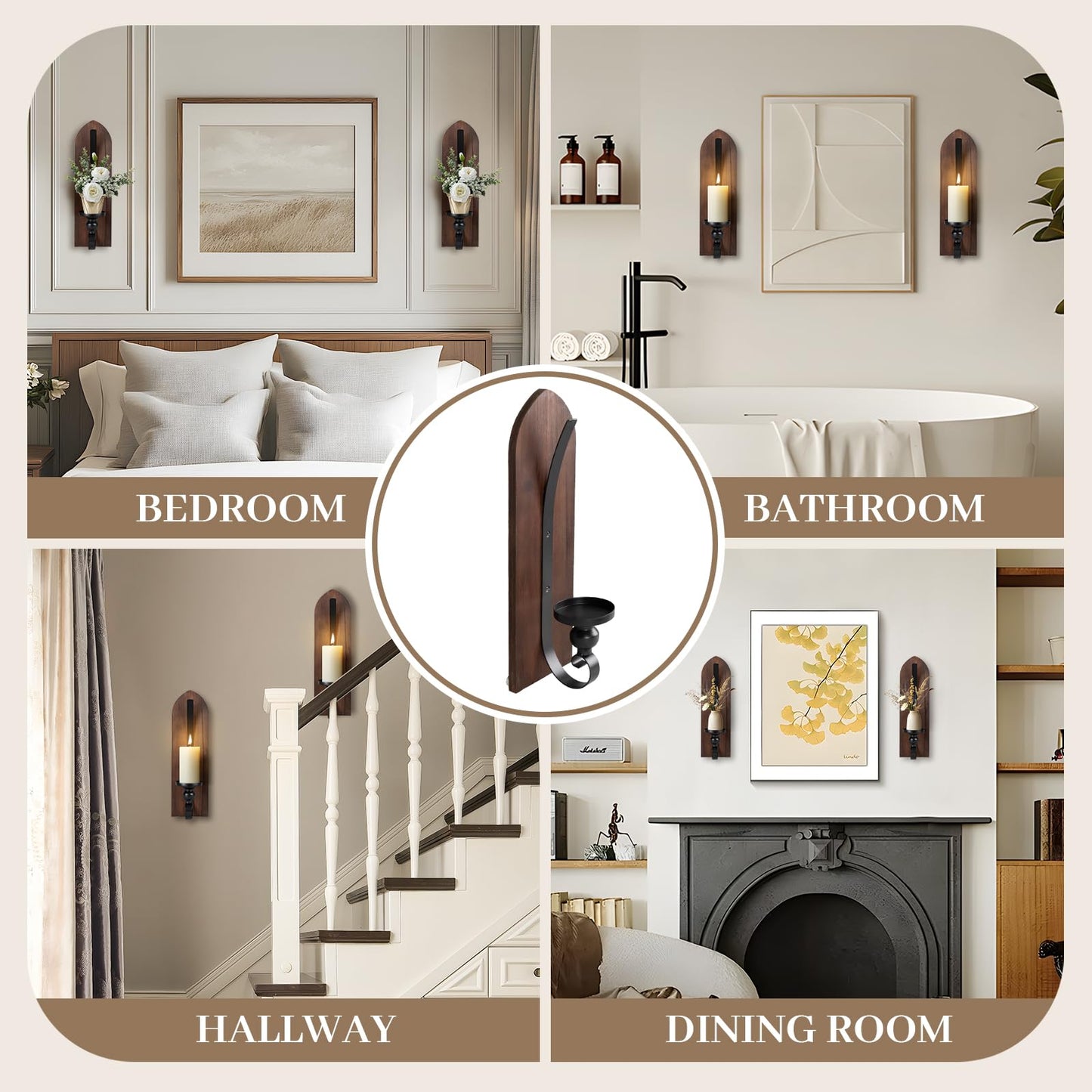 Wall Candle Sconces Set of Two, Brown Wall Mounted Metal and Wooden Wall Candle Holders, Farmhouse Candle Sconces for Bedroom, Fireplace, Brwon