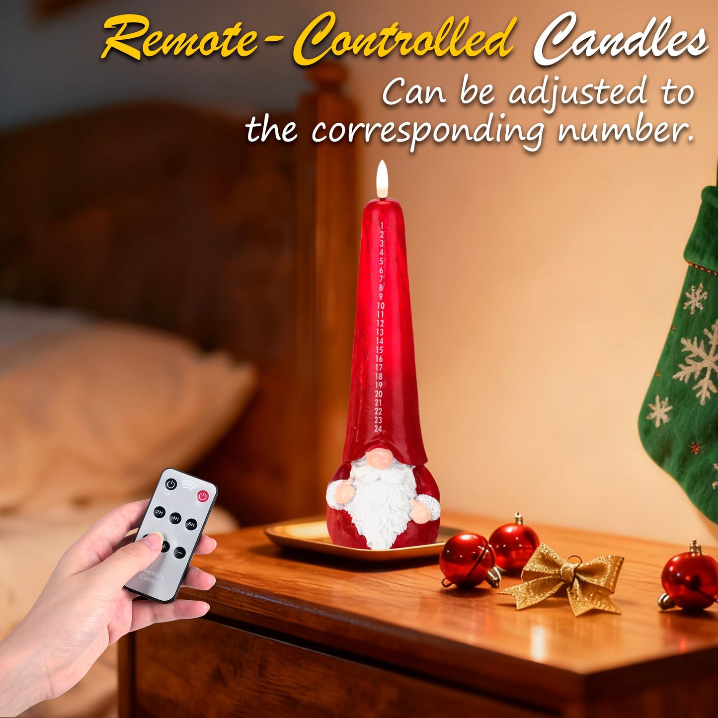 JOIONE Flameless Christmas Gnome Countdown Candles with Remote, 24-Day Automatic Countdown Battery Operated LED Advent Calendar Candle, Christmas Decoration for Home
