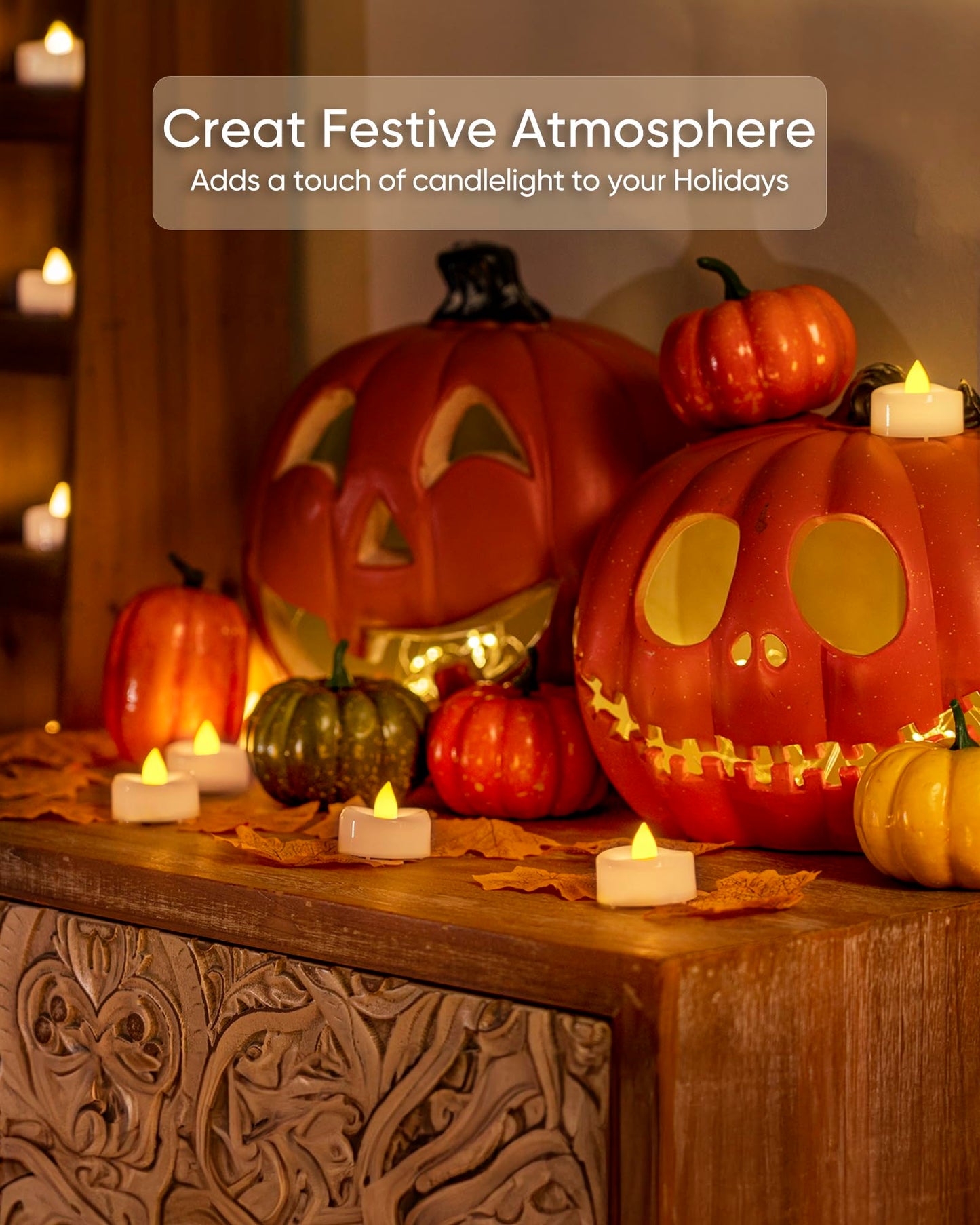 Merrynights LED Tea Lights, 24-Pack Battery Operated, Long-Lasting 200 Hour Flameless Candles, Flickering for Halloween & Fall, Warm Yellow, 1.5'' D x 1.25'' H