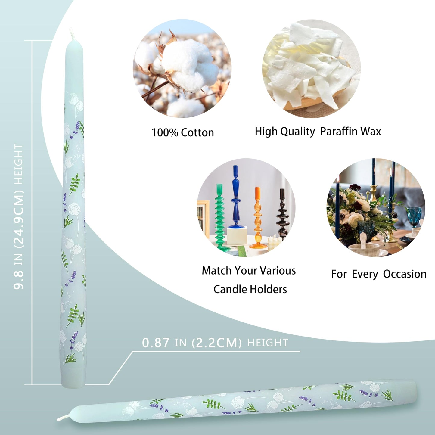 Dandelion Printed Taper Candles Set of 2, 10 Inch Handmade Candle Stick, Unscented Long Candle, Tapered Candles for Wedding Dinner Table Home Decor Gift