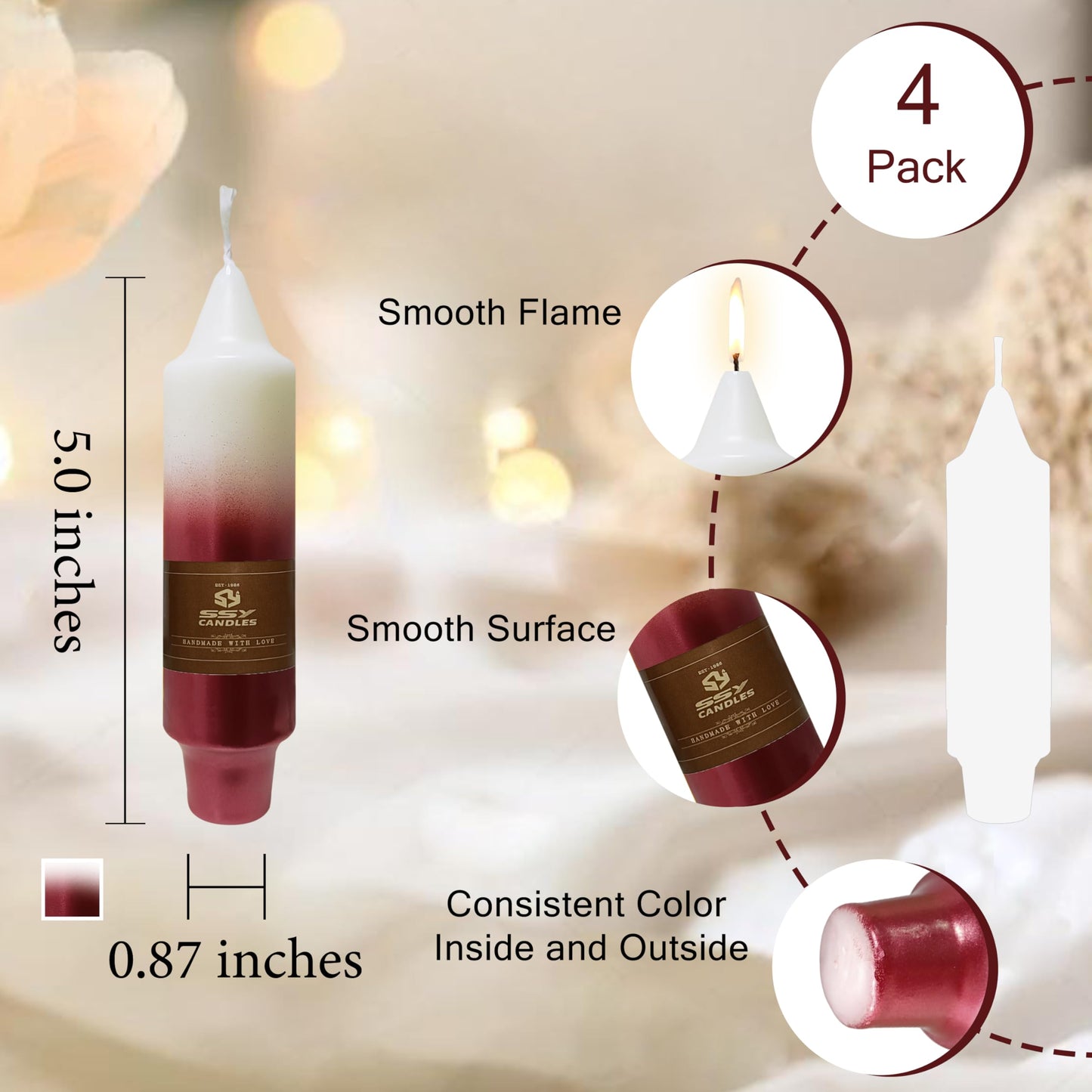 Christmas Metallic Red Candle 5 Inch Short Smokeless Taper Candles 4 Pack Unscented Dinner Candle for Christmas Dinner