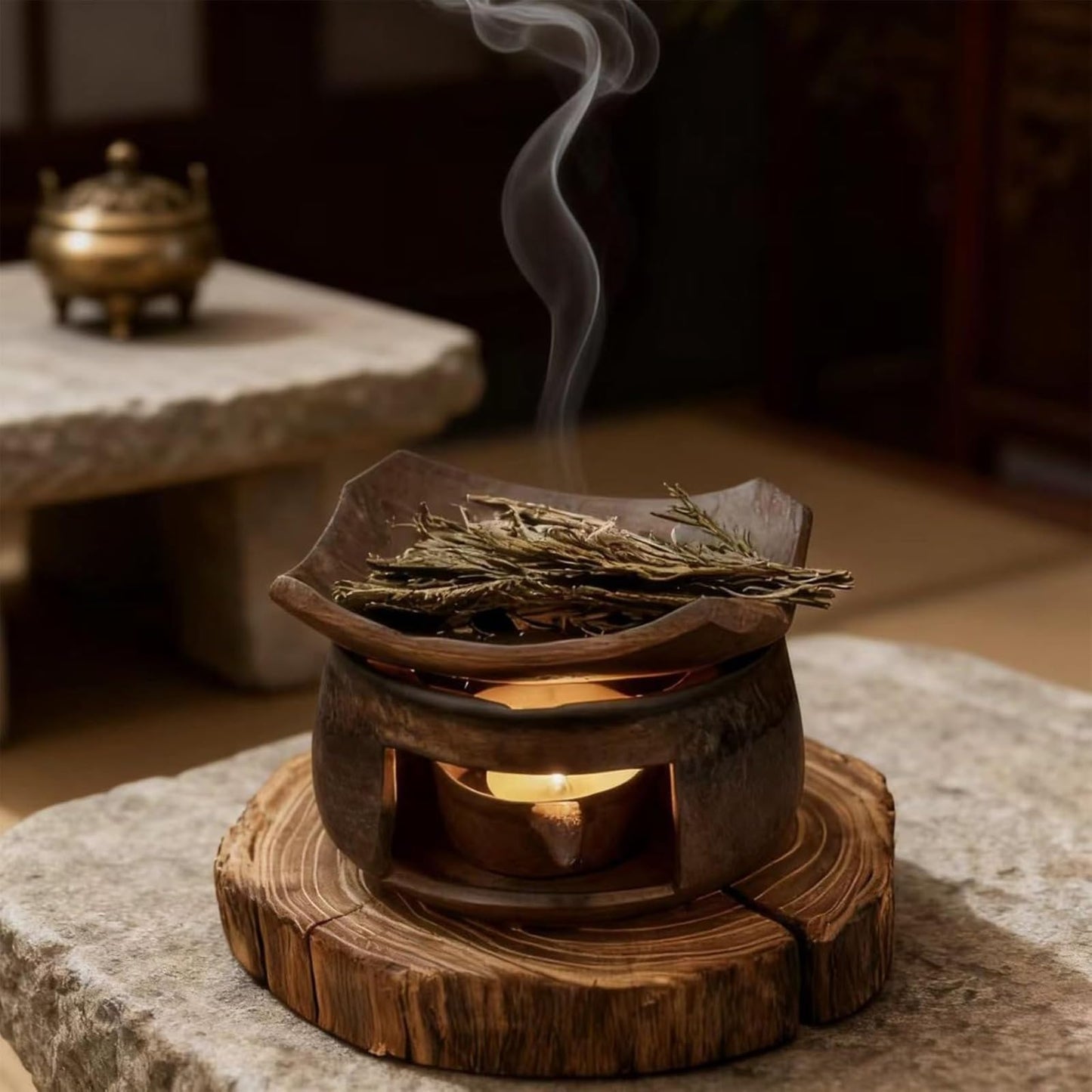 Ceramic Tea Stove Warmer Set, Aromatherapy Burner, Handmade Ceramic Candle Wax Melts Warmer with Tealight Holder, for Meditation (B)
