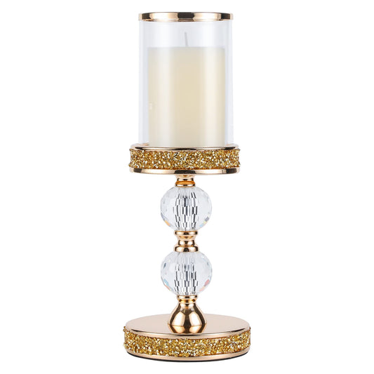 Pillar Candle Holder, 13 Inch Crystal Candlesticks for 3''X5'' Candles, Dining Coffee Table Decor, Wedding, Events, Parties - Glass and Gold Finish