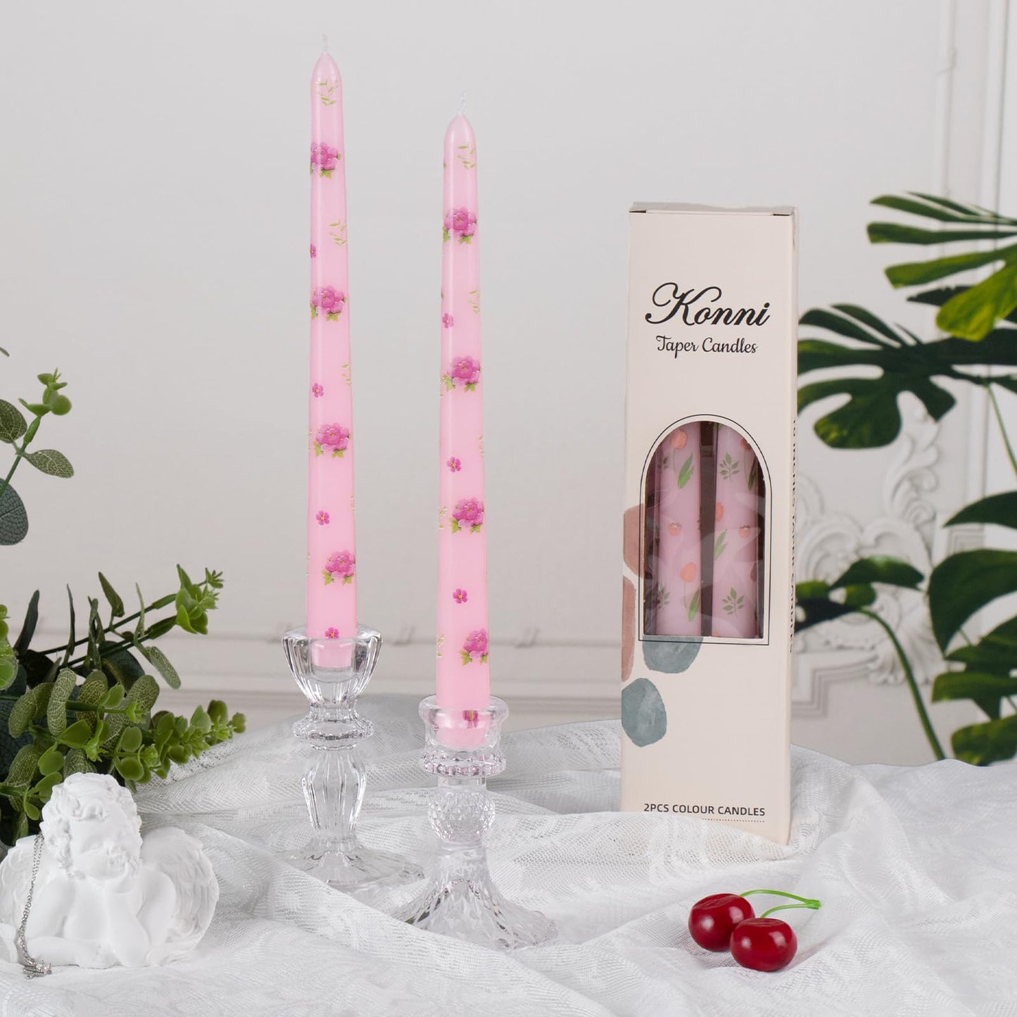 Taper Candles,10 inch 2pc Pink Tapered Candles with Peony Printed, Unscented and Smokeless Long Burning Candles,Tall Candlesticks with Cotton Wicks,Ideal for Weddings, Home Décor