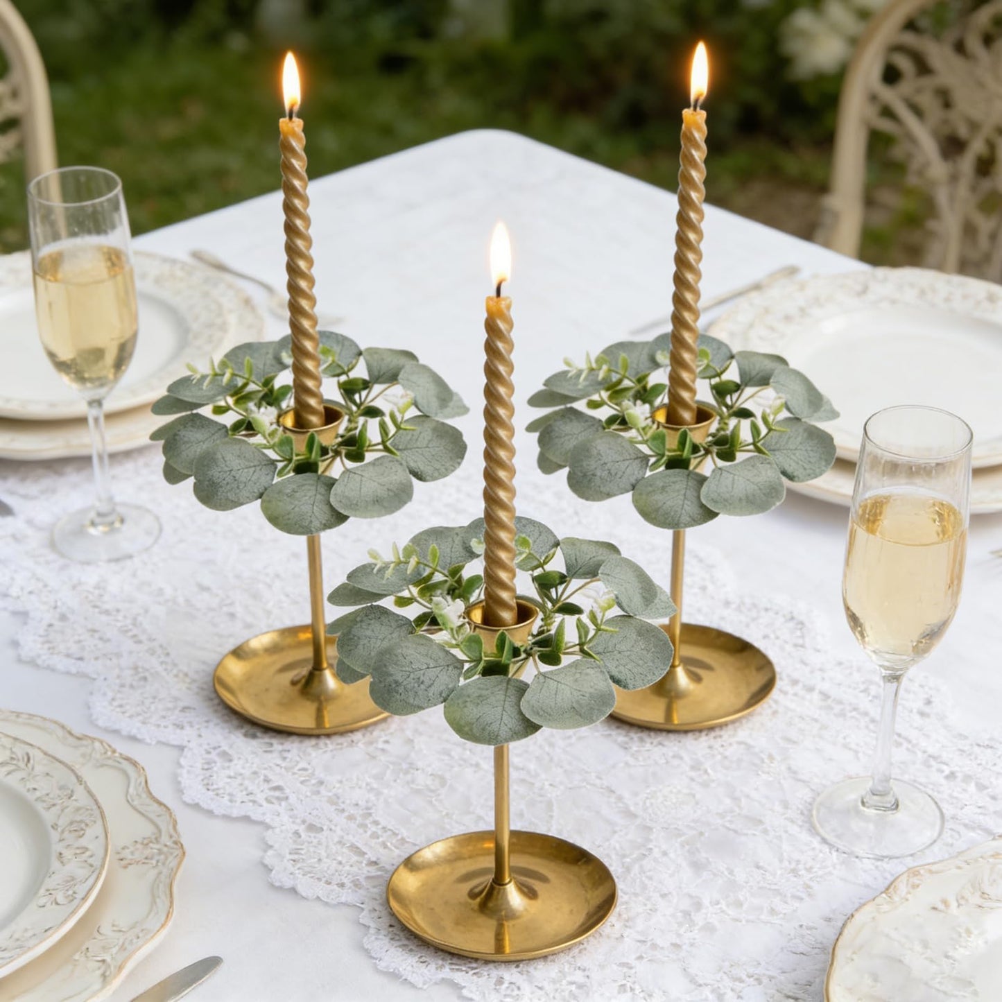 4 PCS Artificial Eucalyptus Taper Candle Rings Wreaths 1.38" Mini Spring Summer Greenery Taper Candle Holder Wreaths Green Rings Table Centerpieces Wreath for Church Farmhouse Home Candlesticks Decor